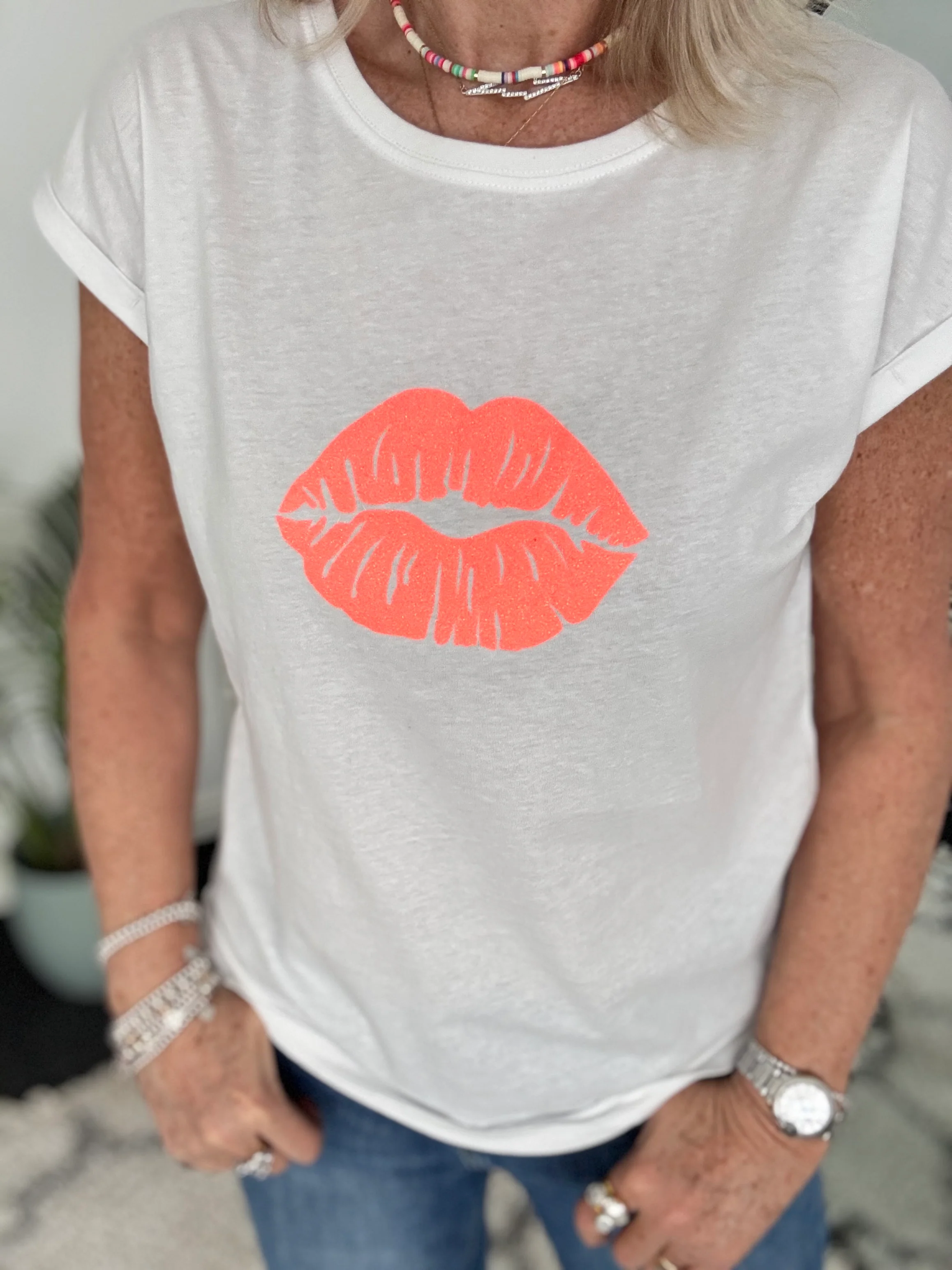 Lips Tee in White & Neon - Image 5