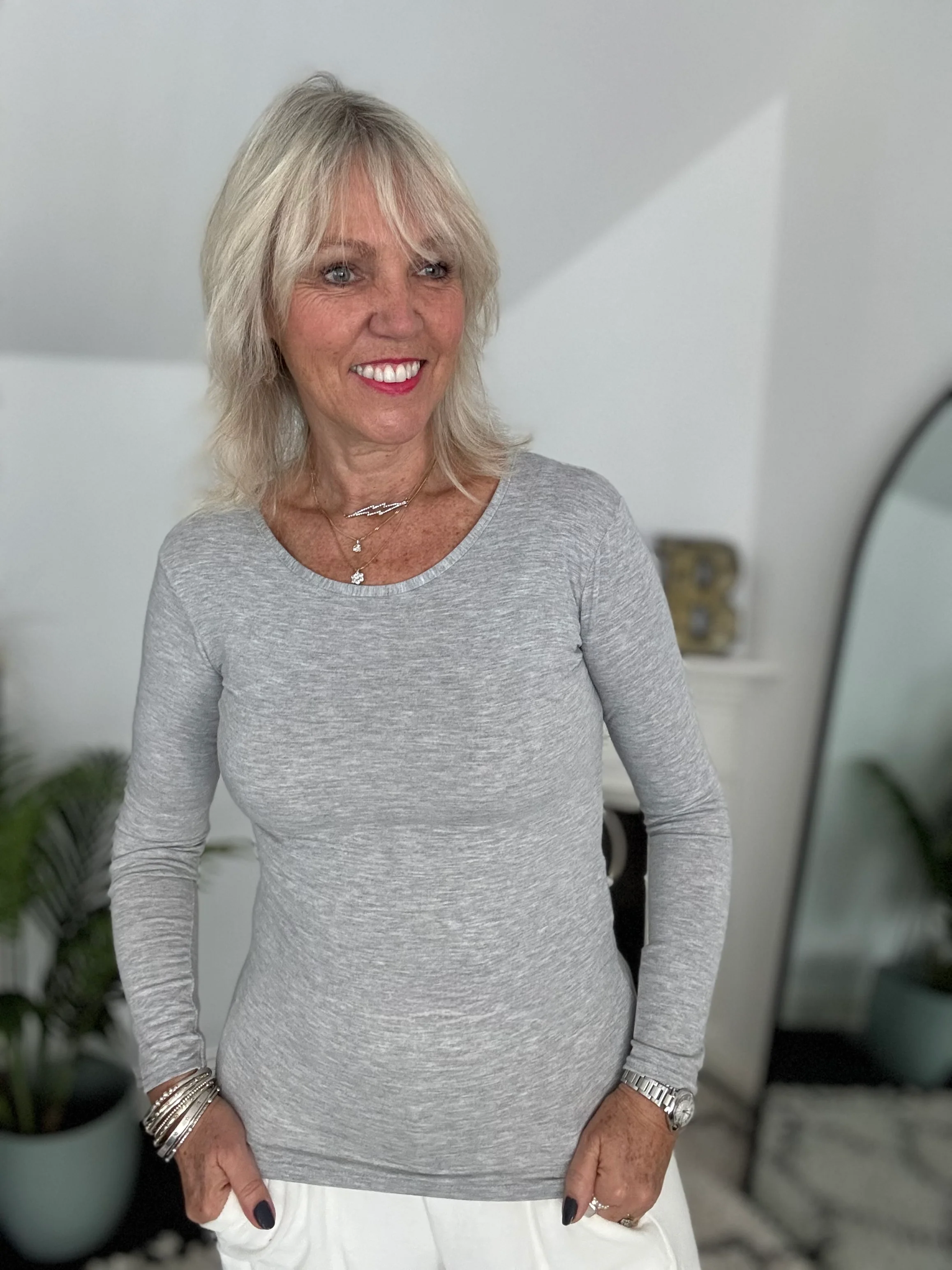 Long Sleeve Stretch Top in Marl Grey - Image 4