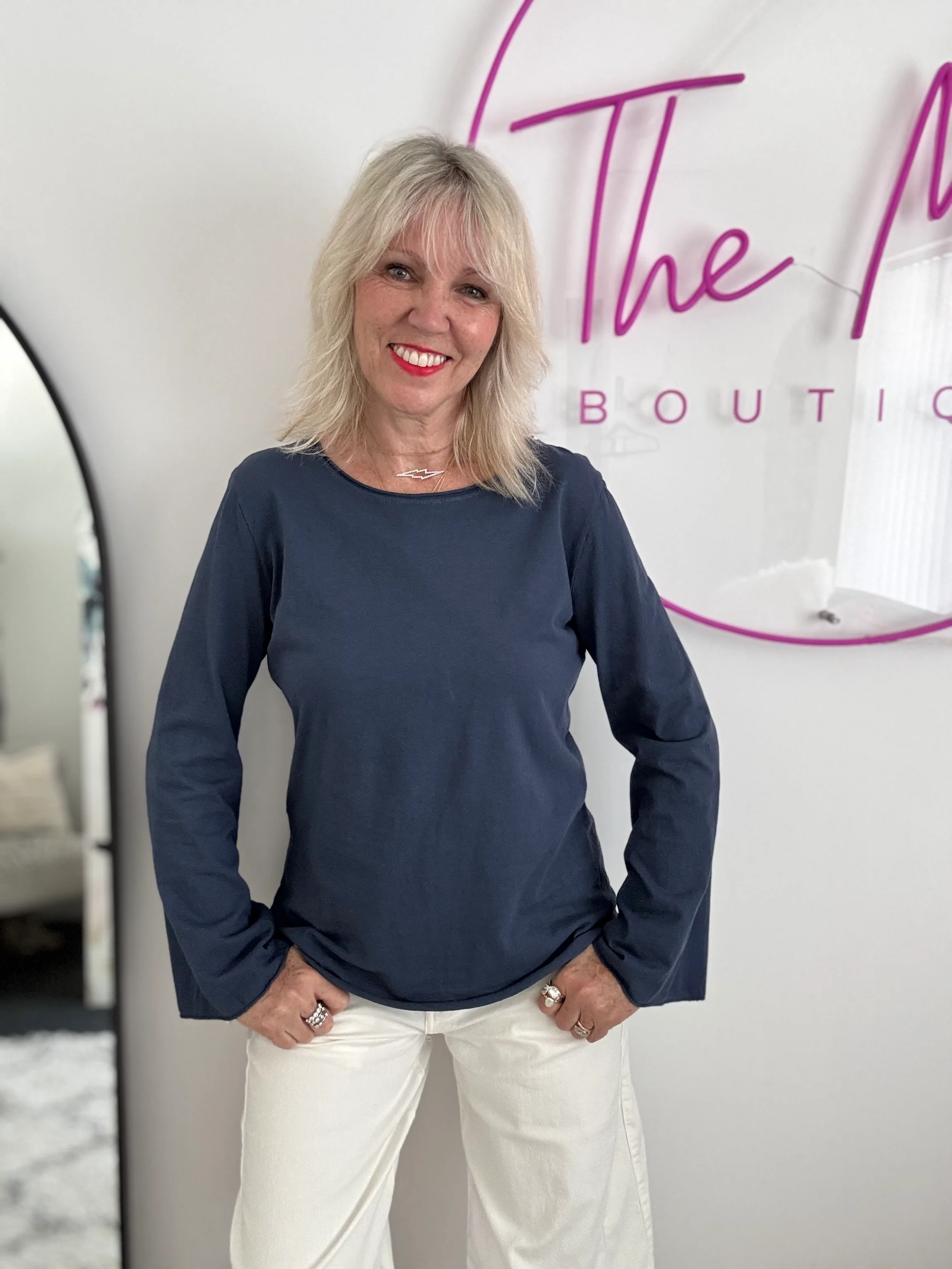 Long Sleeve Top with Flare Sleeves in Navy