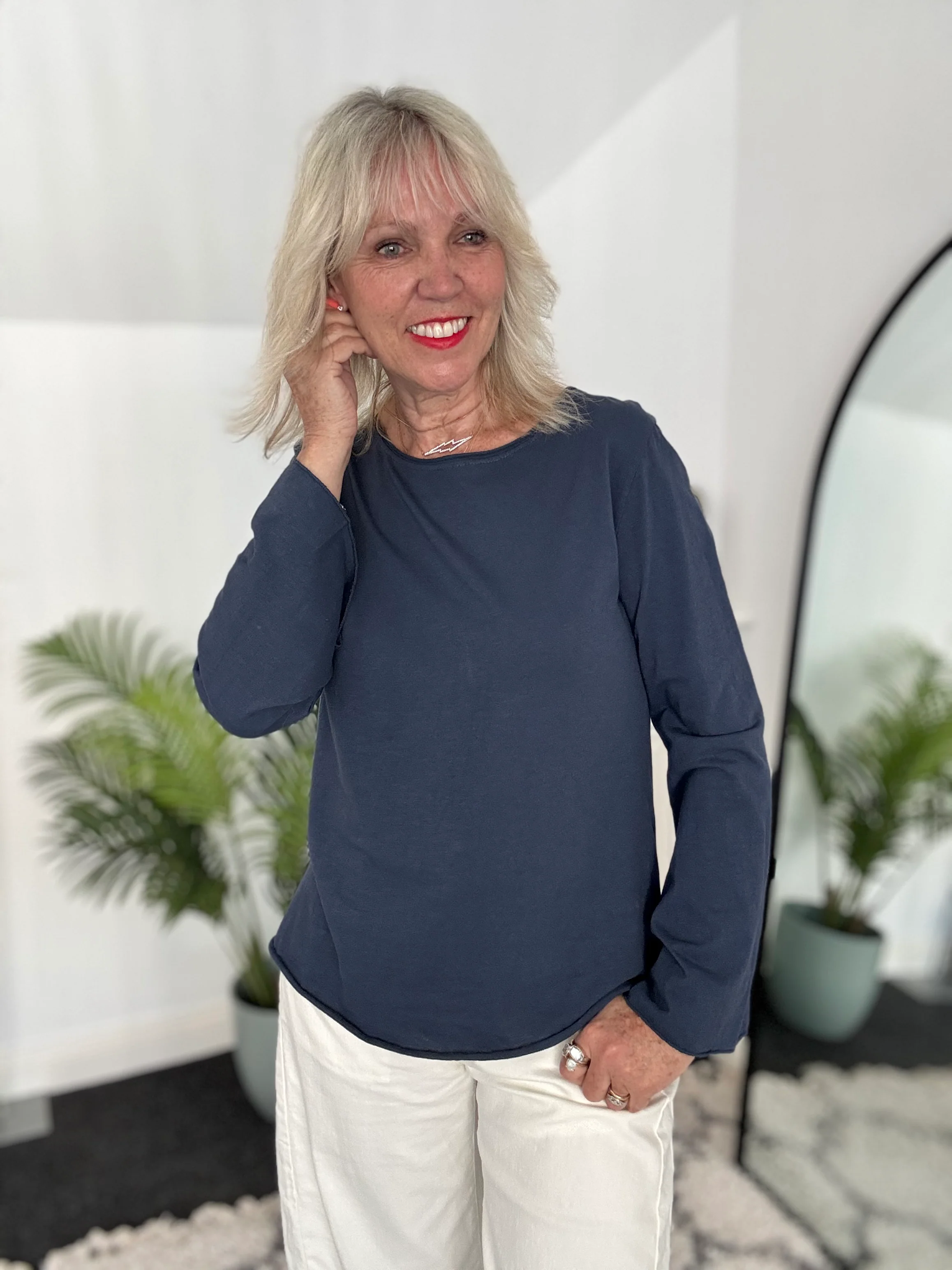 Long Sleeve Top with Flare Sleeves in Navy - Image 3