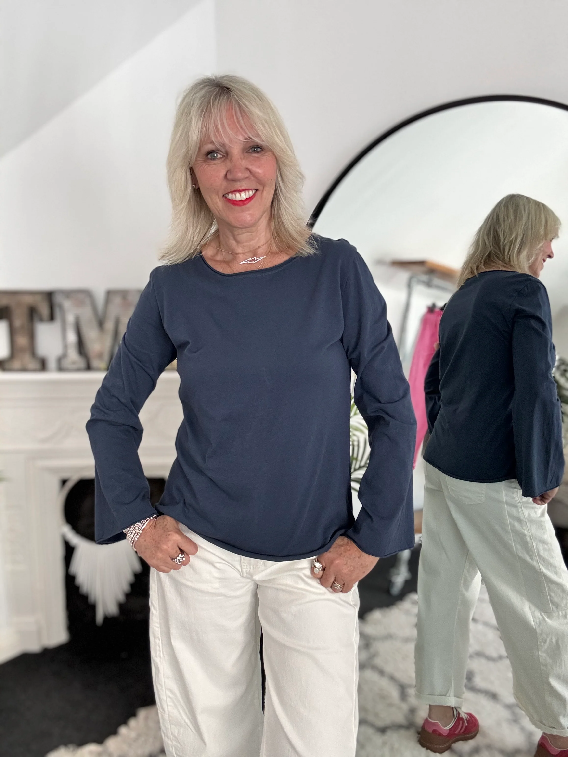 Long Sleeve Top with Flare Sleeves in Navy - Image 4