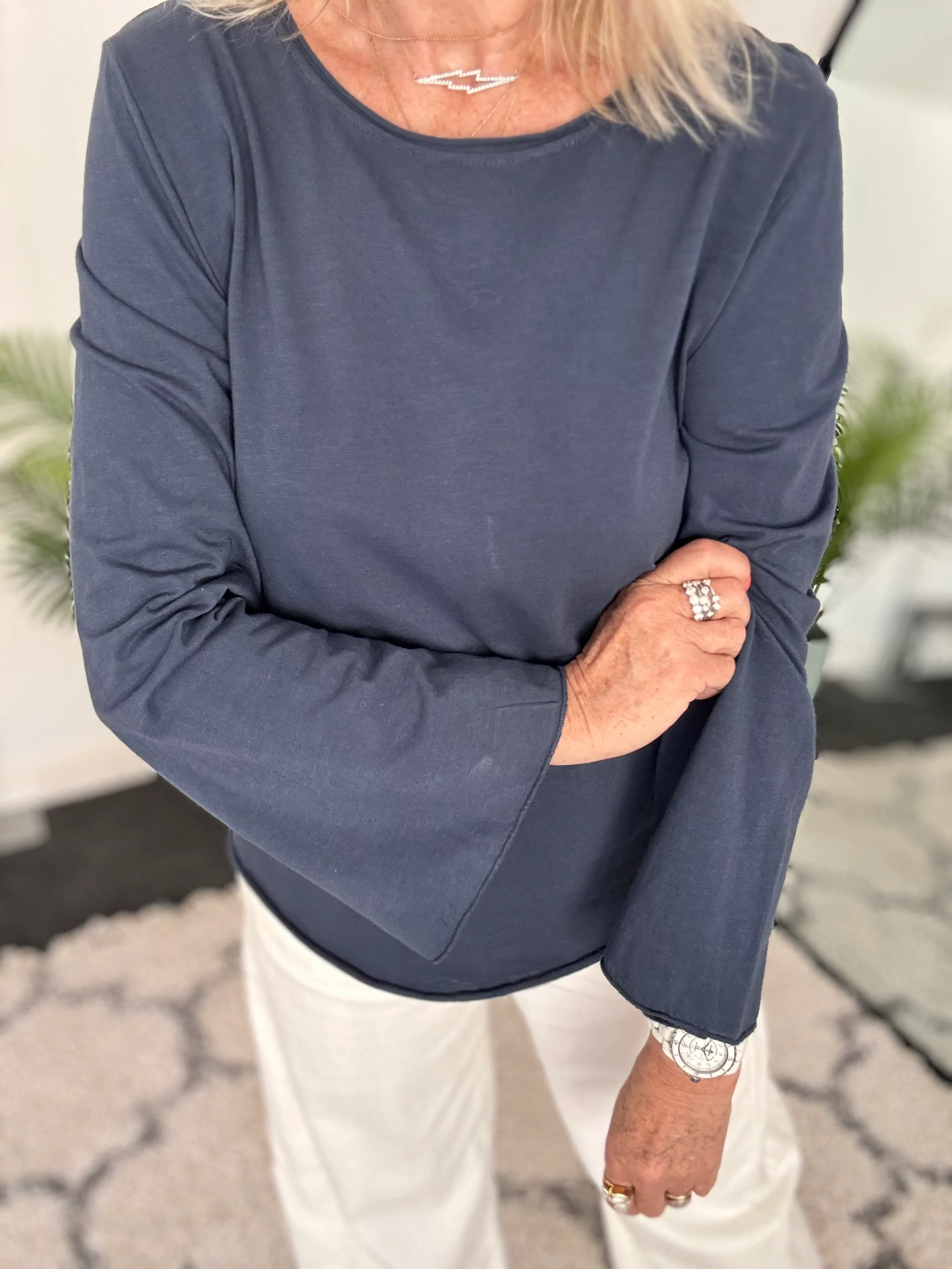 Long Sleeve Top with Flare Sleeves in Navy - Image 5