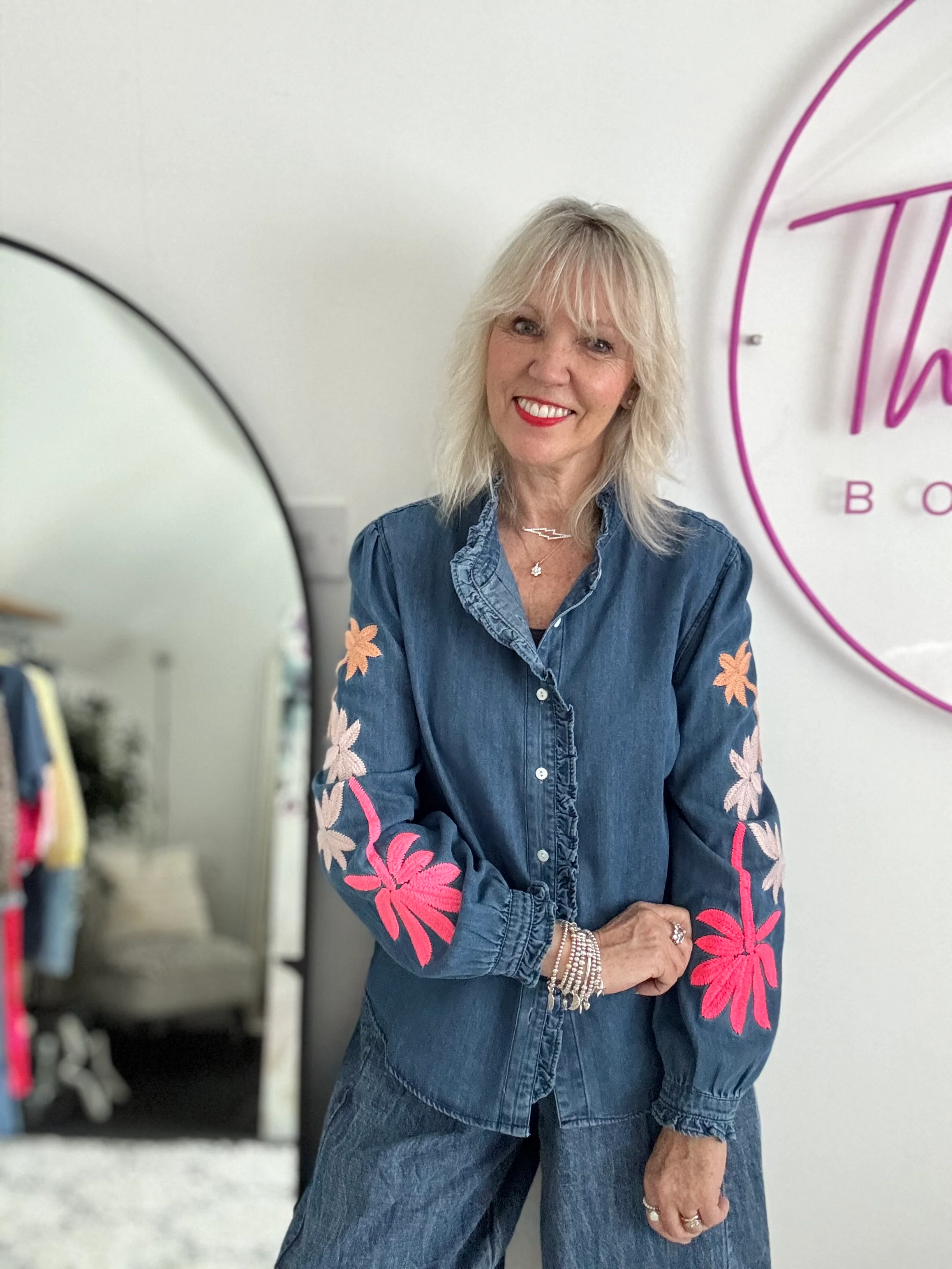 Luxe Denim Blouse with Embroidered Sleeves - Image 10