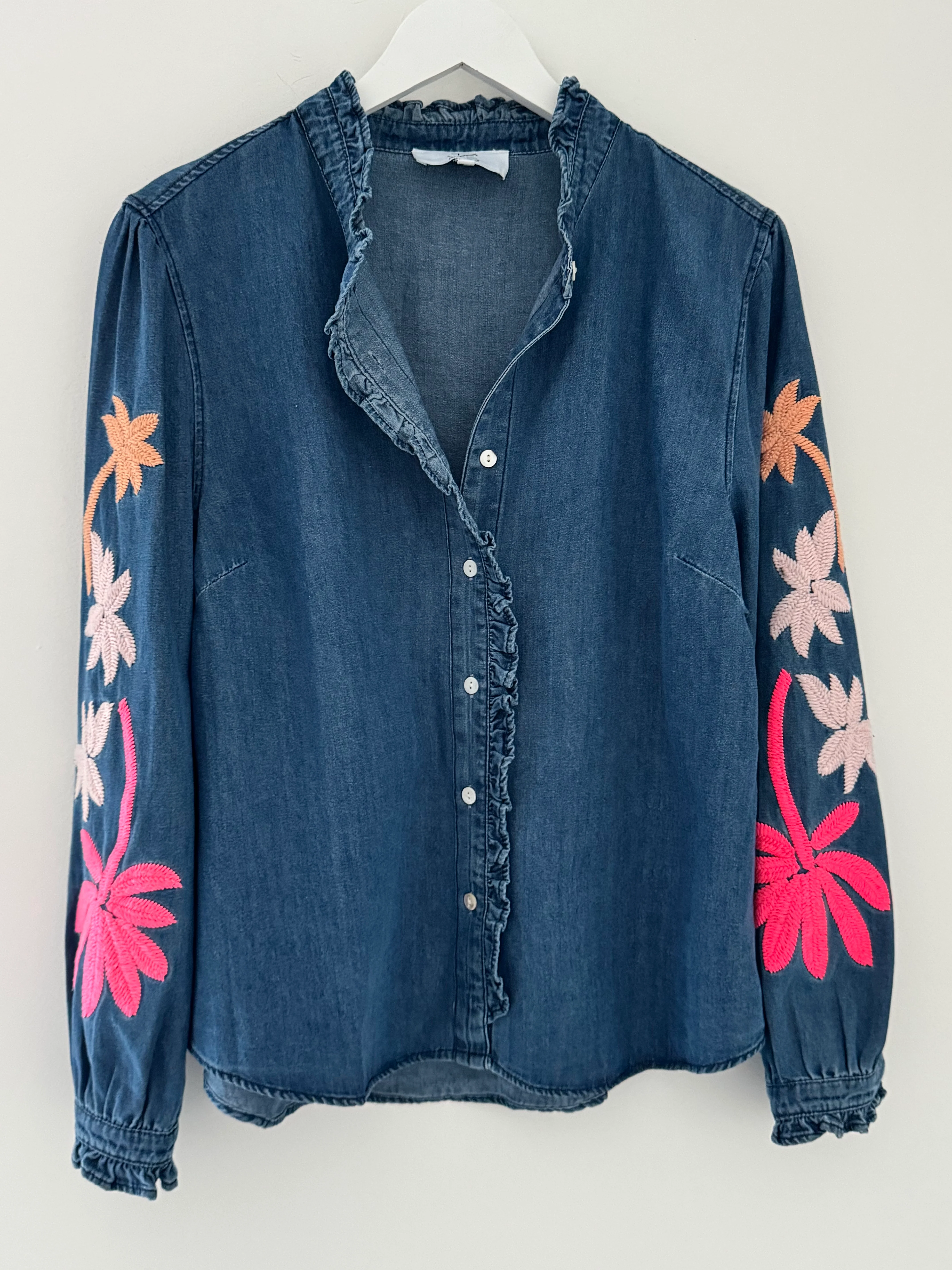 Luxe Denim Blouse with Embroidered Sleeves - Image 11