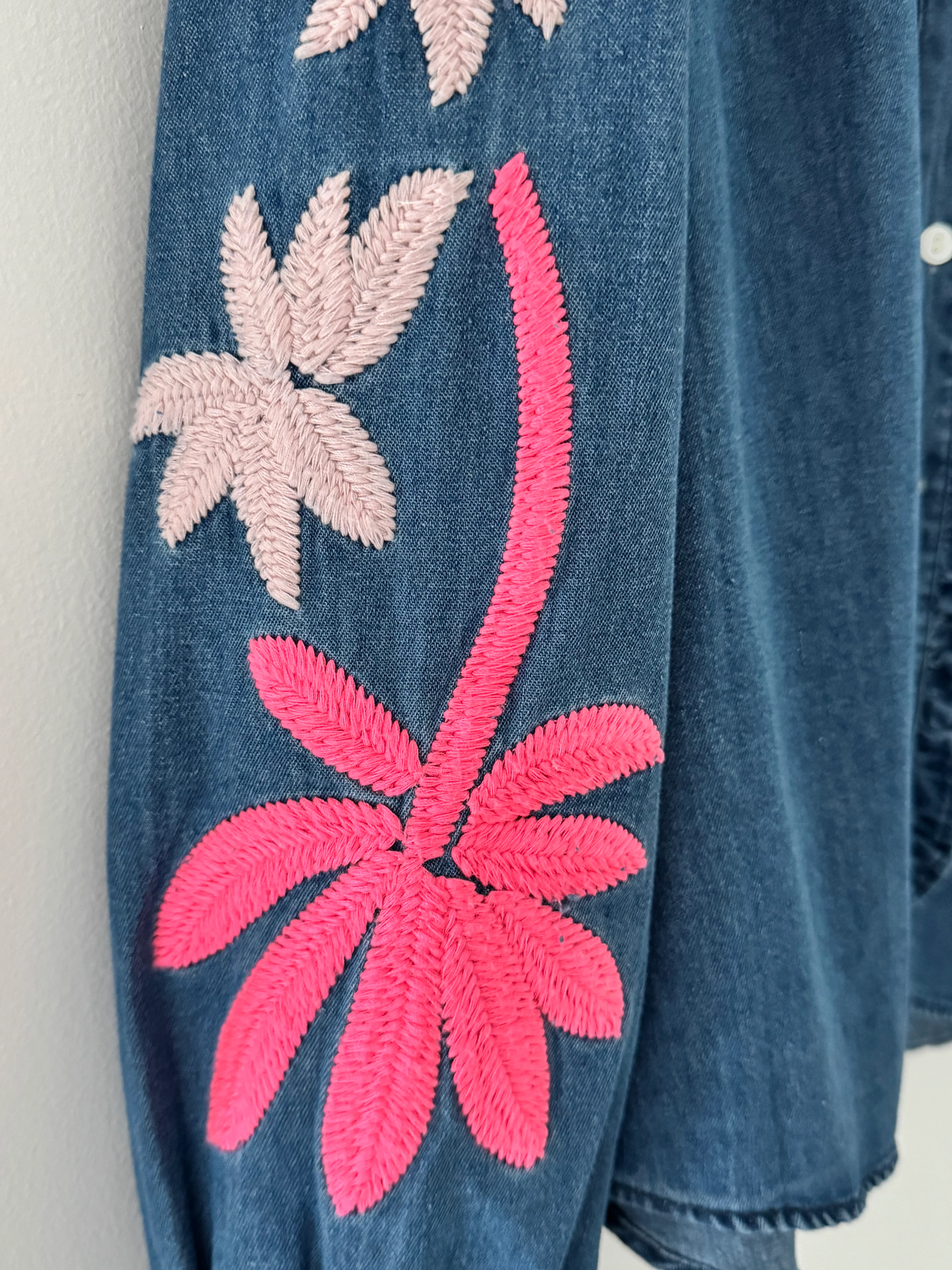 Luxe Denim Blouse with Embroidered Sleeves - Image 12