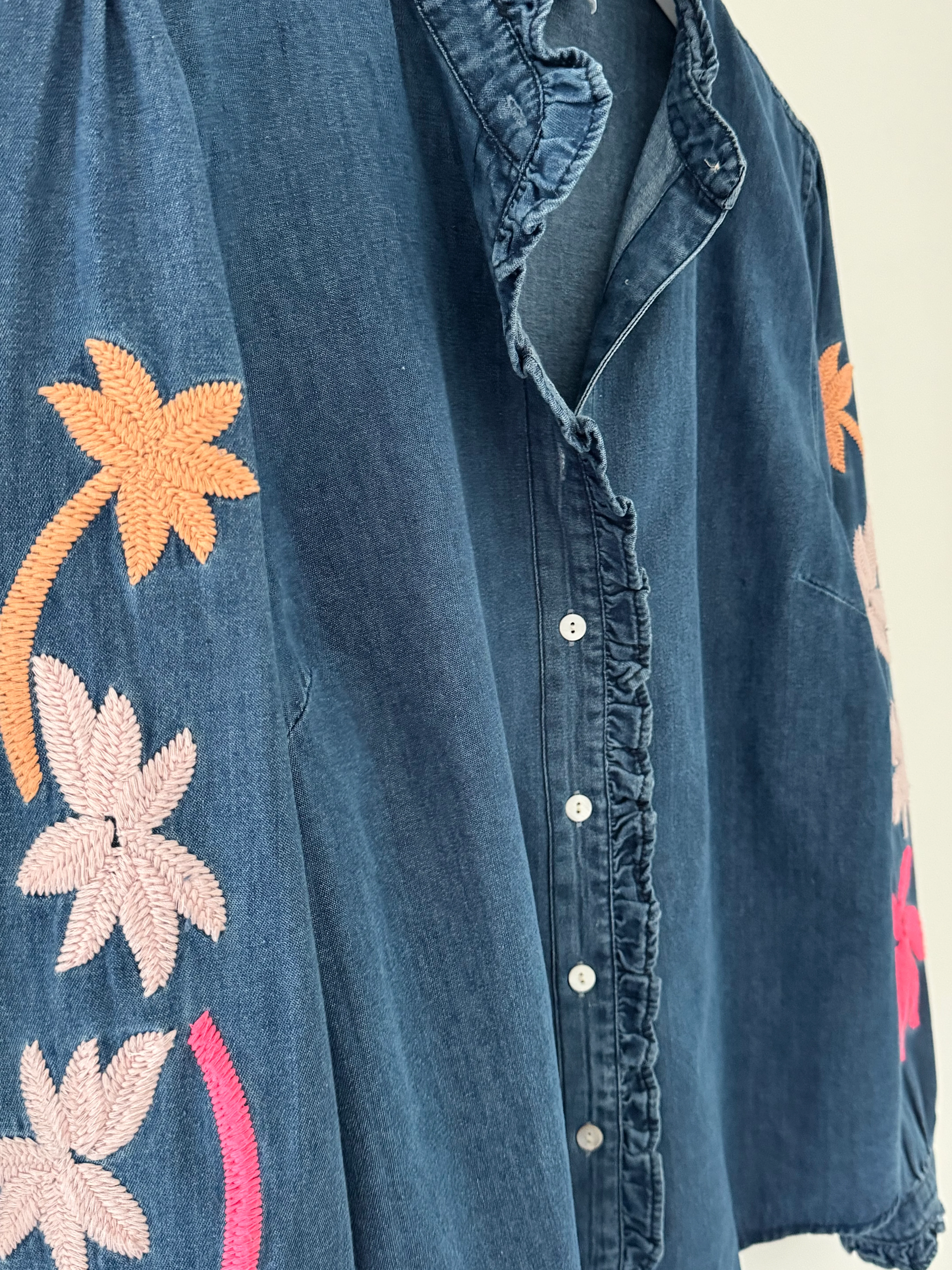 Luxe Denim Blouse with Embroidered Sleeves - Image 13