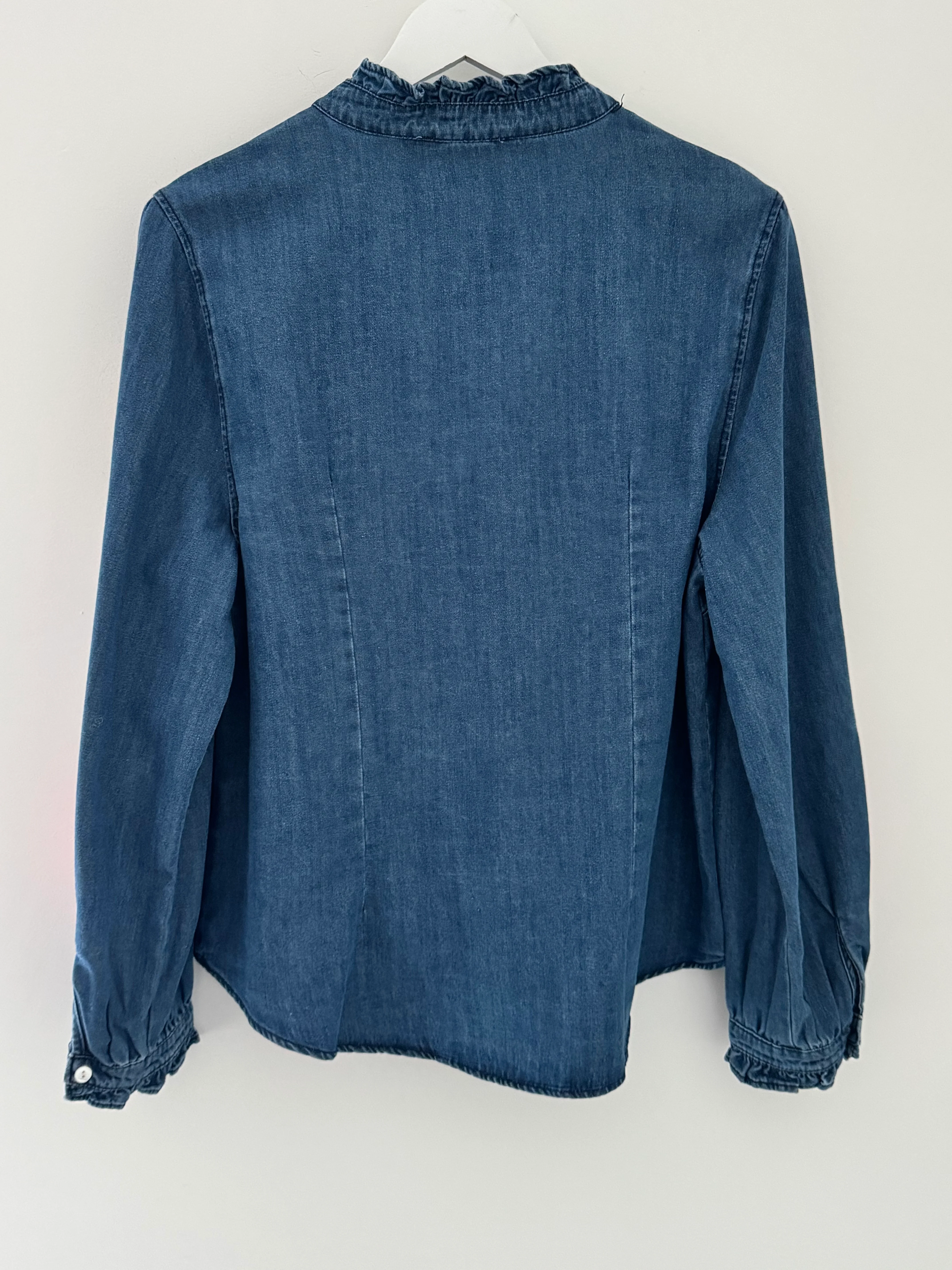 Luxe Denim Blouse with Embroidered Sleeves - Image 14