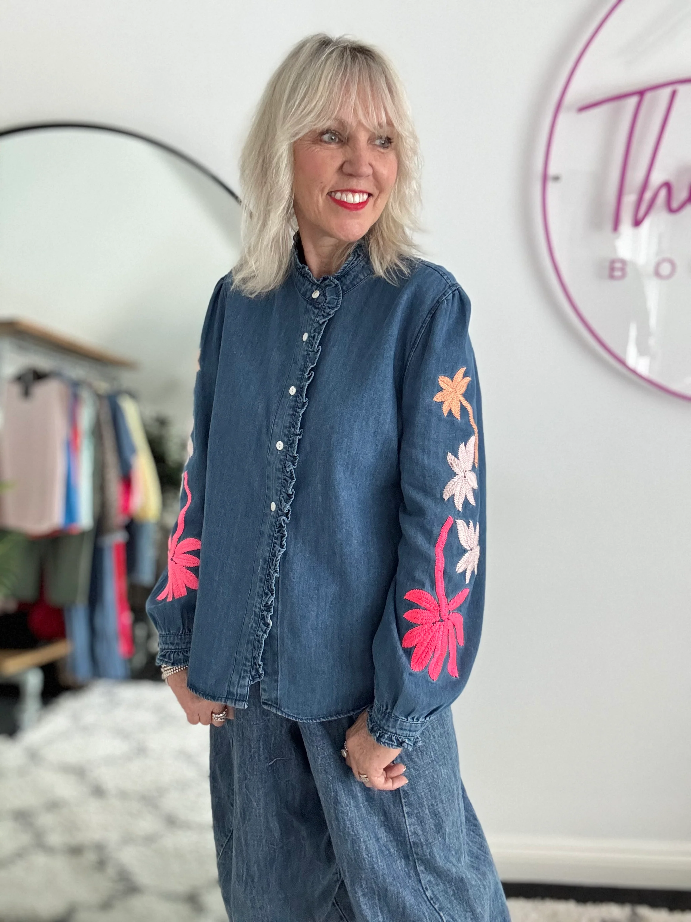 Luxe Denim Blouse with Embroidered Sleeves - Image 3
