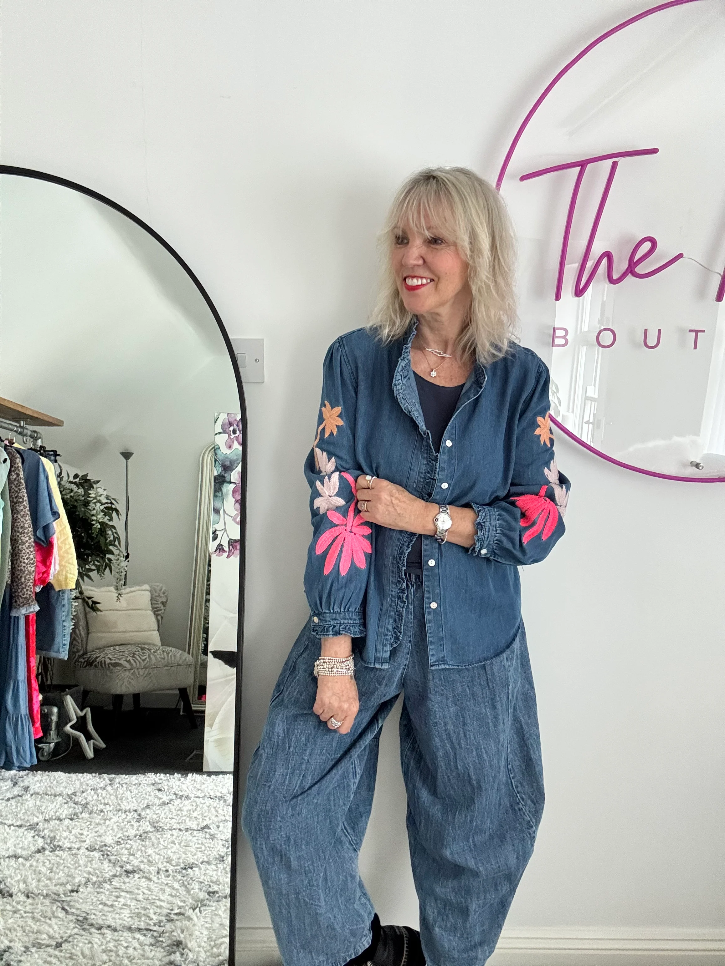 Luxe Denim Blouse with Embroidered Sleeves - Image 4