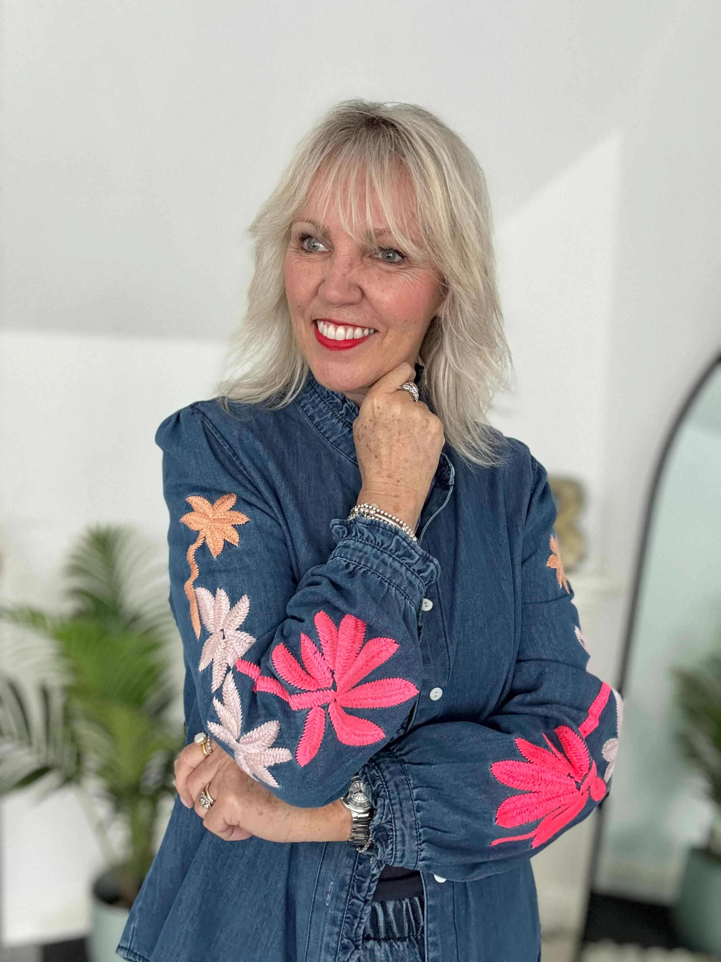 Luxe Denim Blouse with Embroidered Sleeves - Image 5
