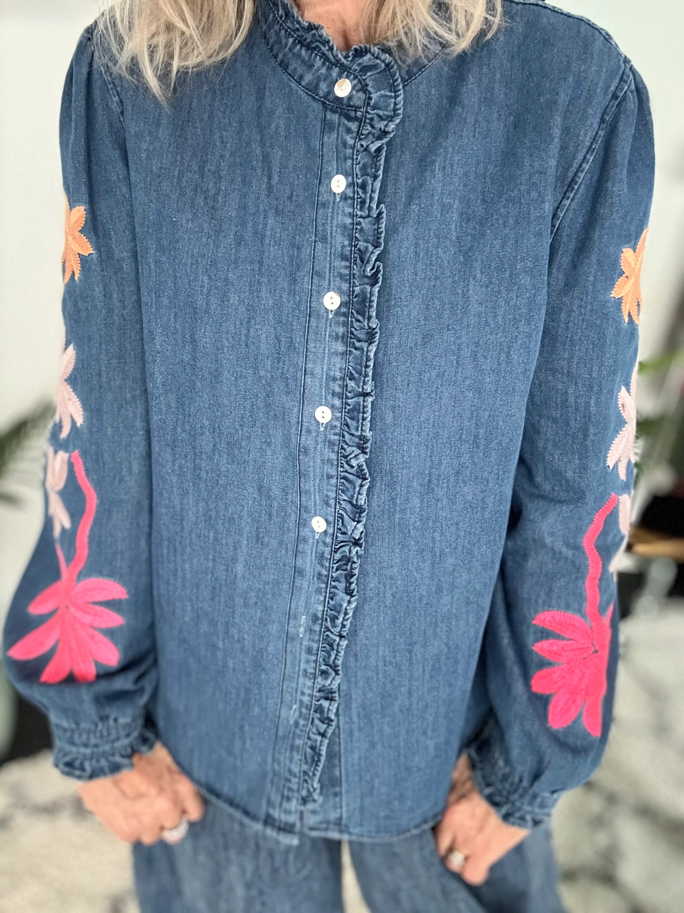 Luxe Denim Blouse with Embroidered Sleeves - Image 6