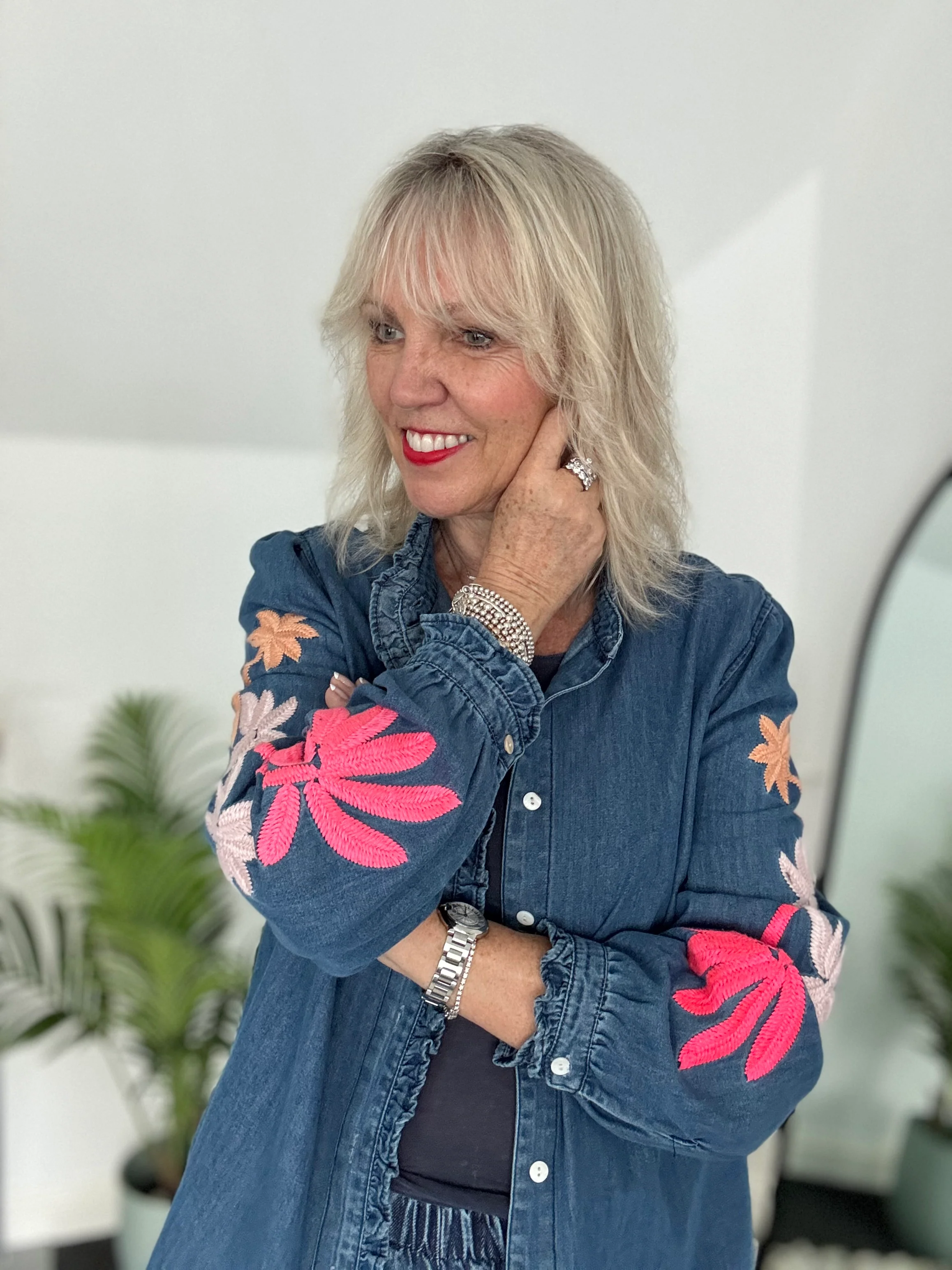 Luxe Denim Blouse with Embroidered Sleeves - Image 7