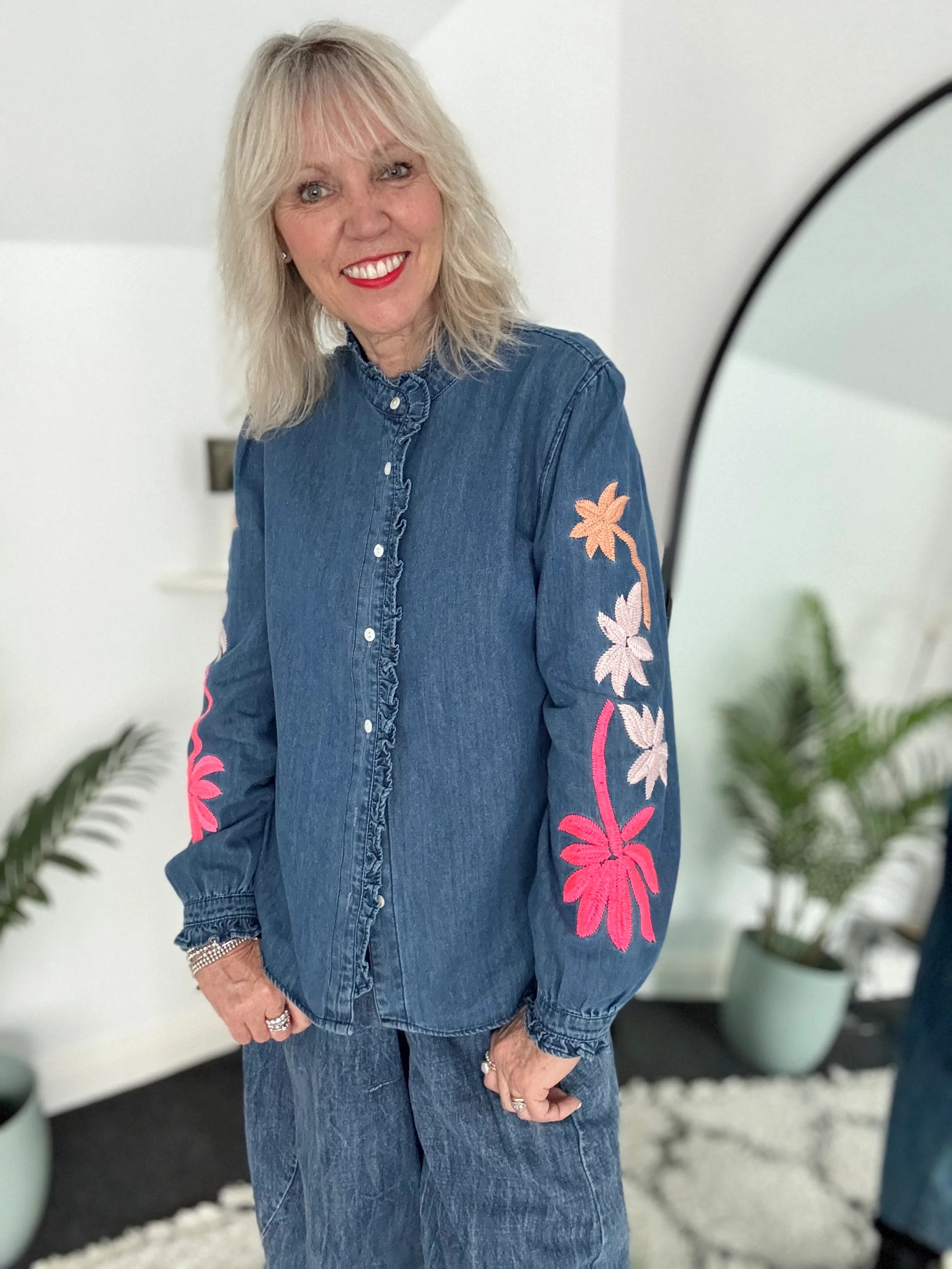 Luxe Denim Blouse with Embroidered Sleeves - Image 8