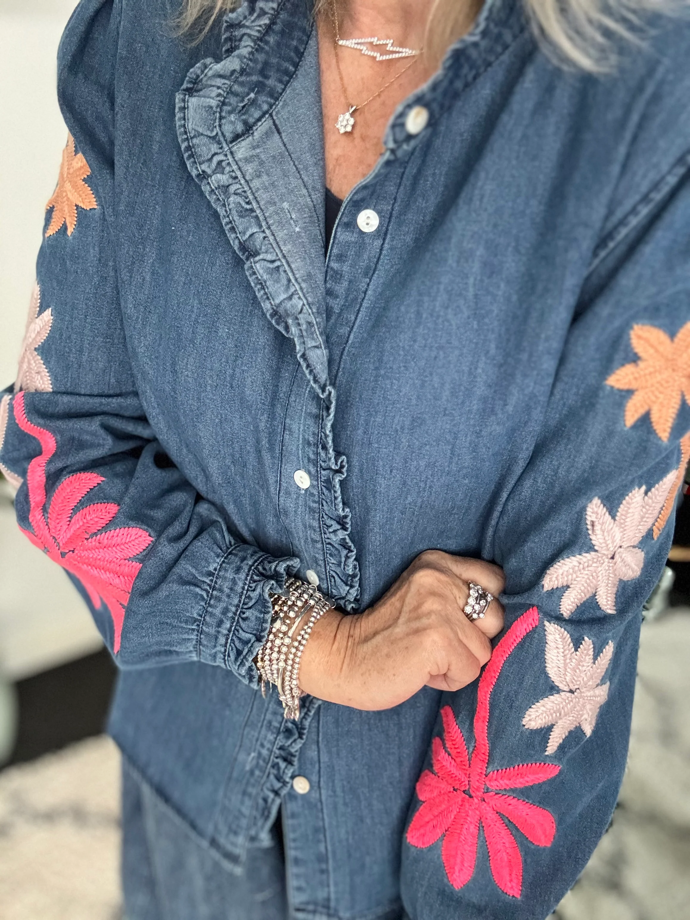 Luxe Denim Blouse with Embroidered Sleeves - Image 9