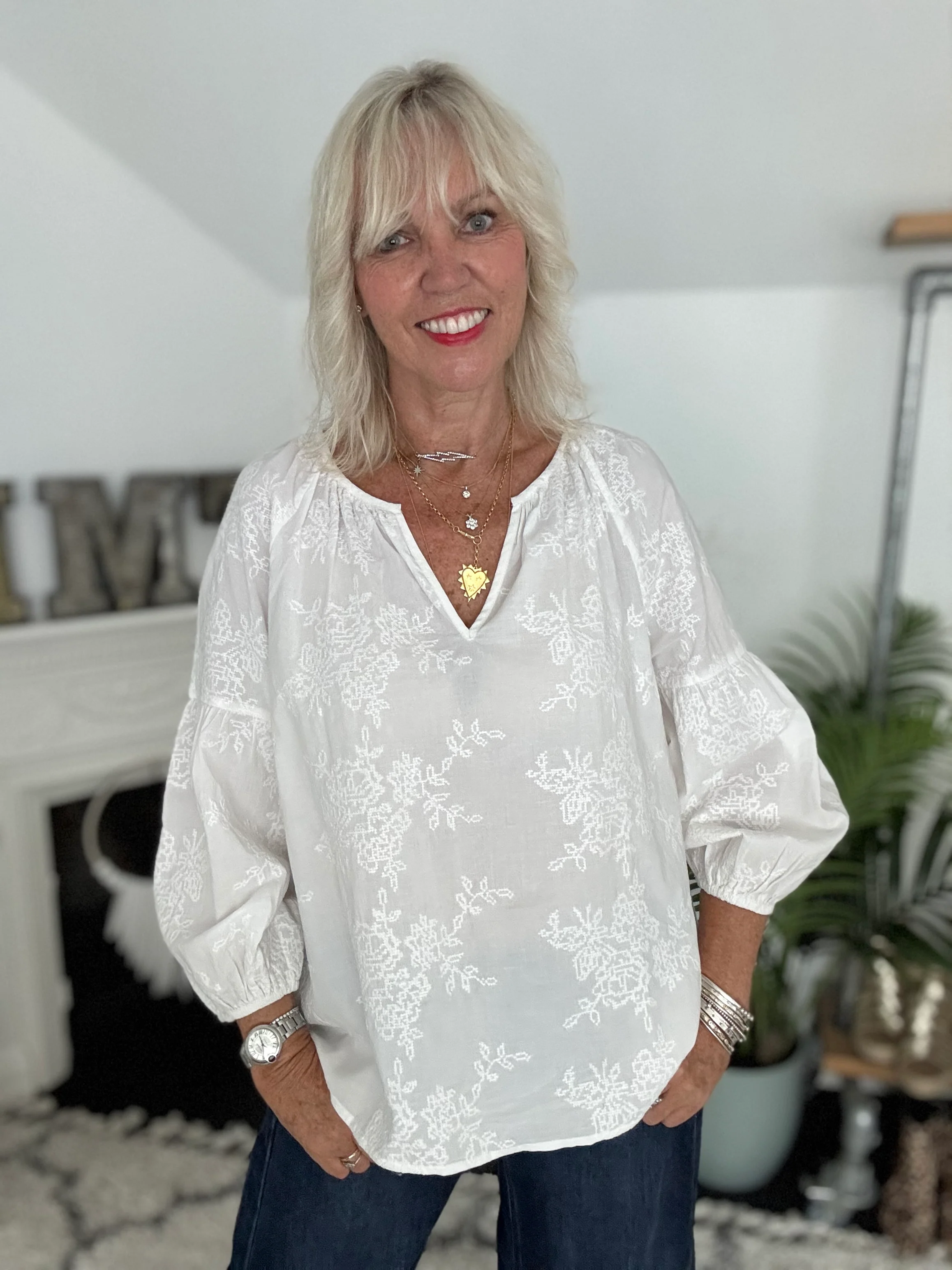 Luxe Embroidered Blouse in Ivory - Image 7