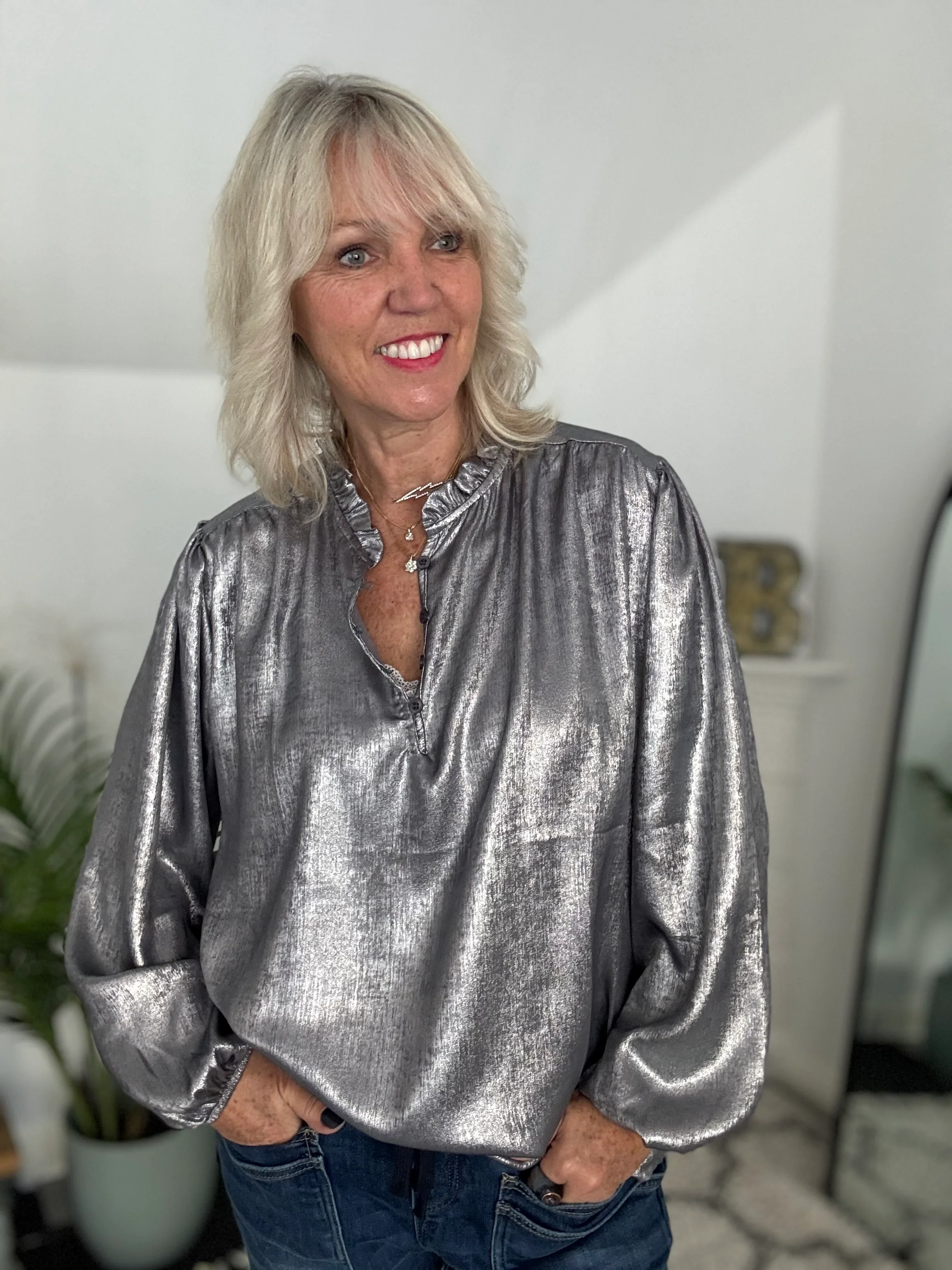 Luxe Metallic Blouse in Silver - Image 4