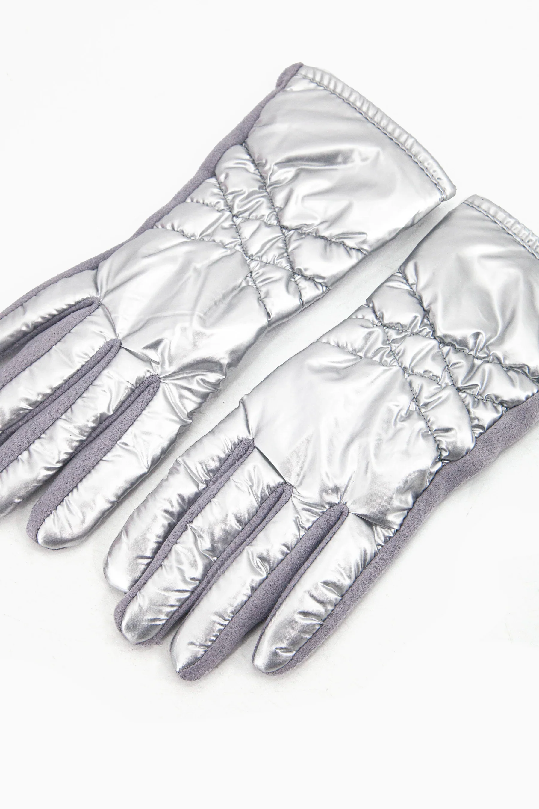 Metallic & Fleece Quilted Gloves in Silver - Image 3