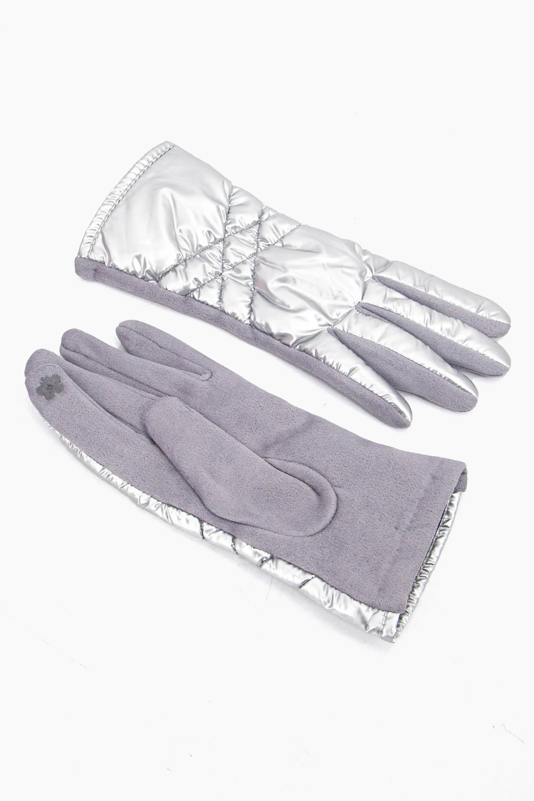 Metallic & Fleece Quilted Gloves in Silver - Image 4