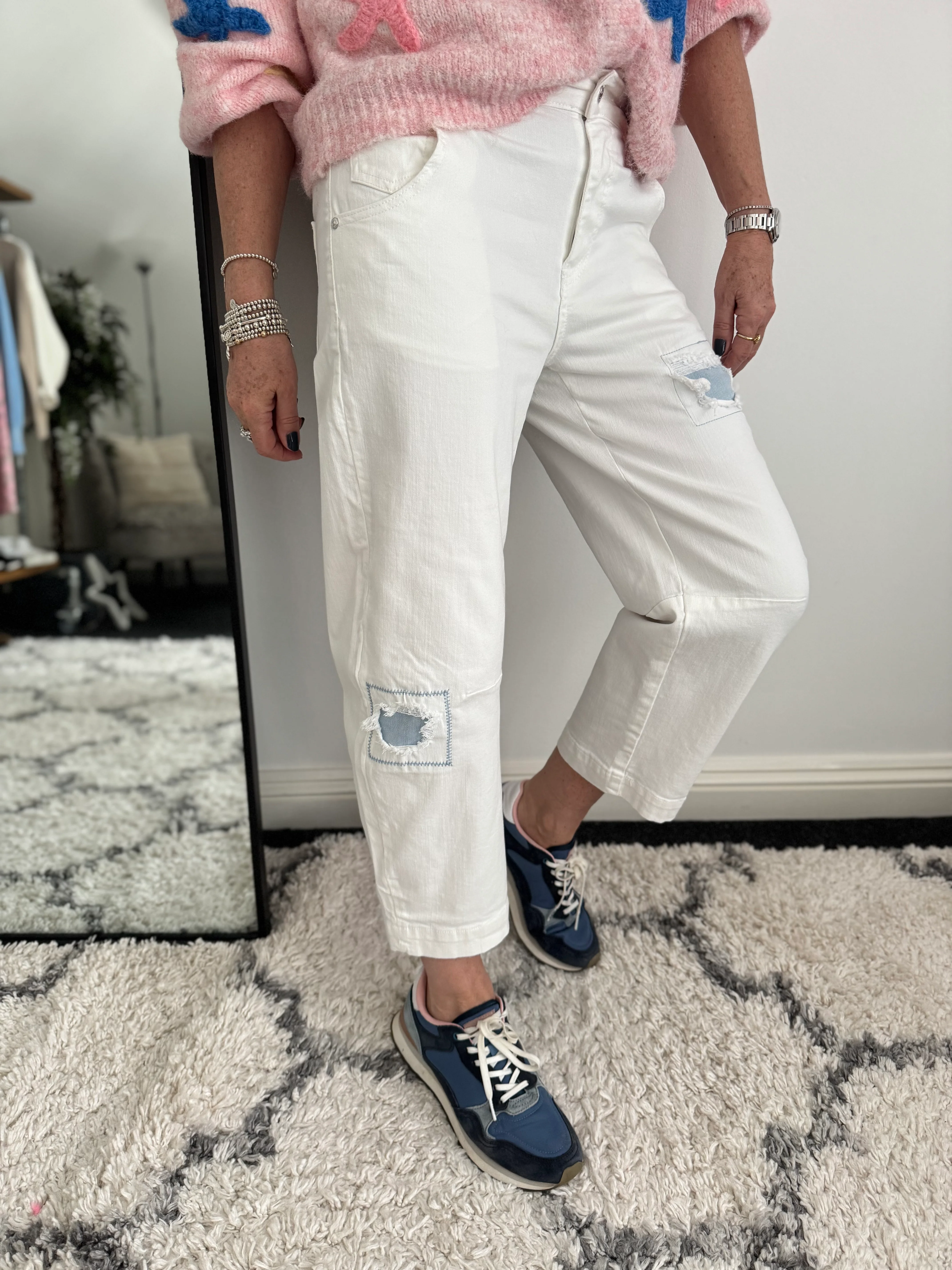 Patched Barrel Leg Jeans in White - Image 2