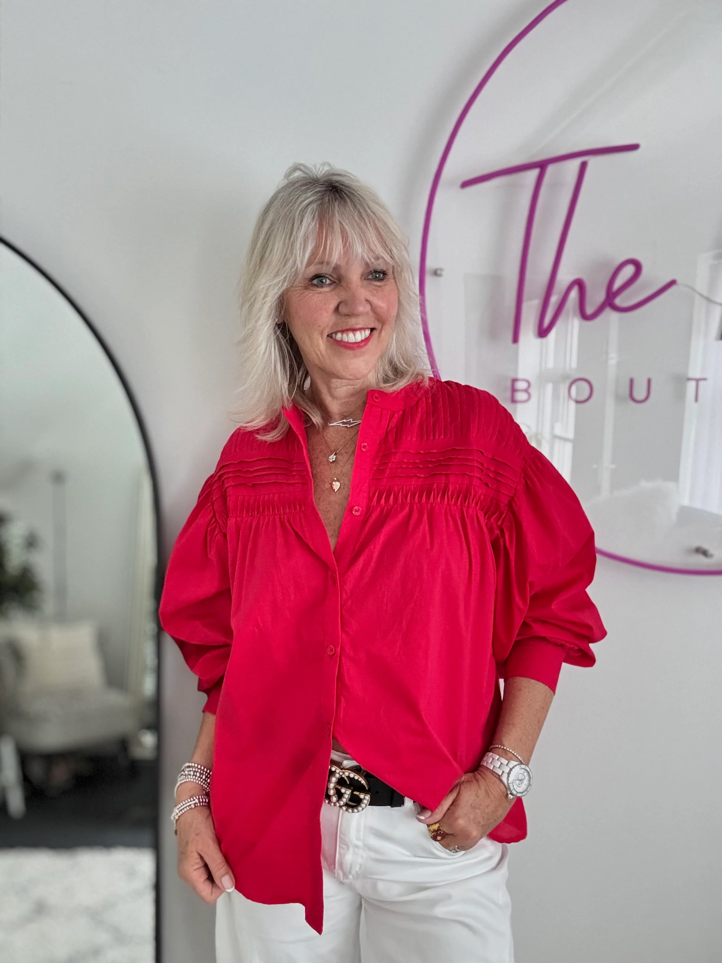 Pintucked Cotton Shirt in Red