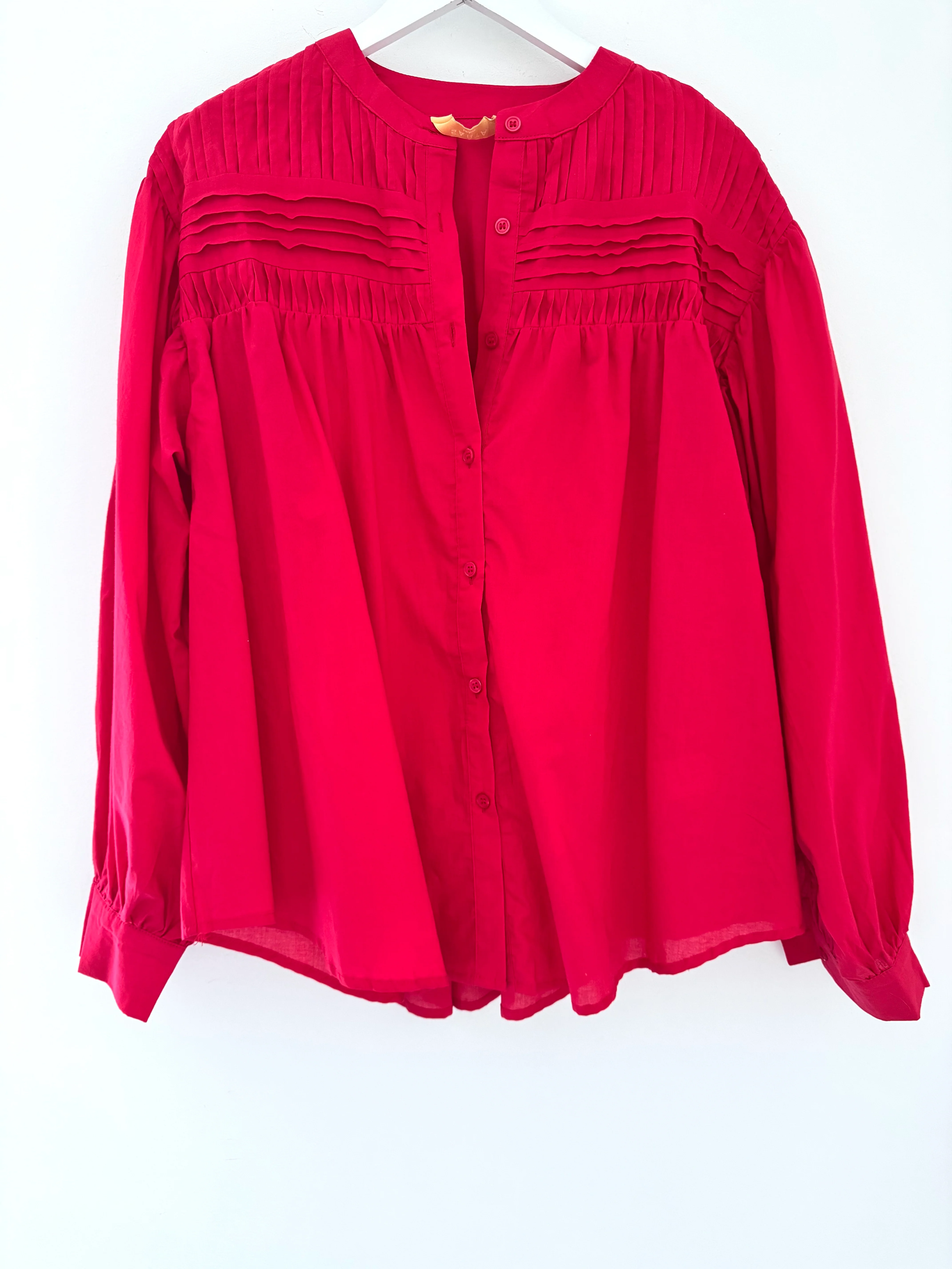 Pintucked Cotton Shirt in Red - Image 10