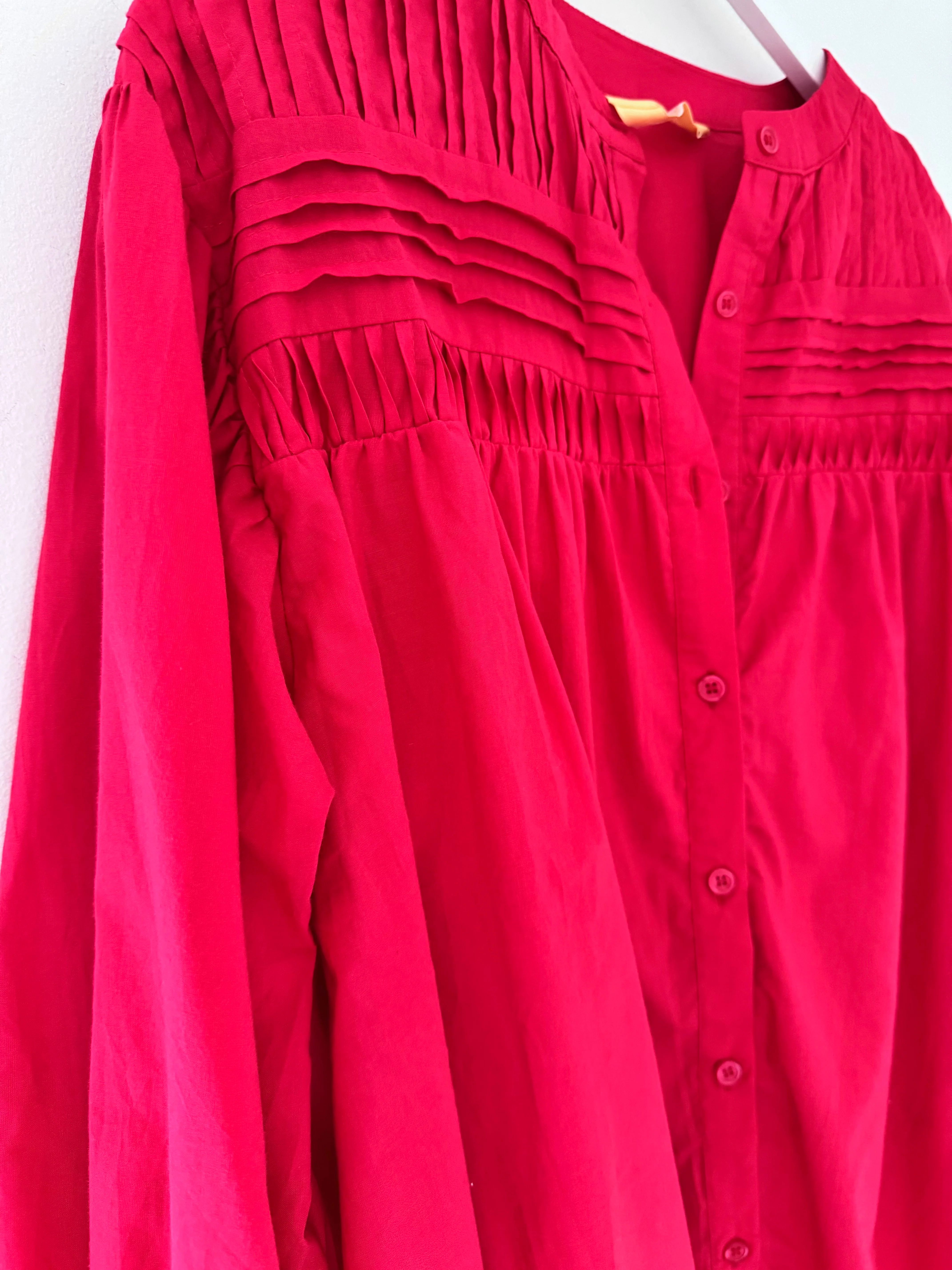 Pintucked Cotton Shirt in Red - Image 11