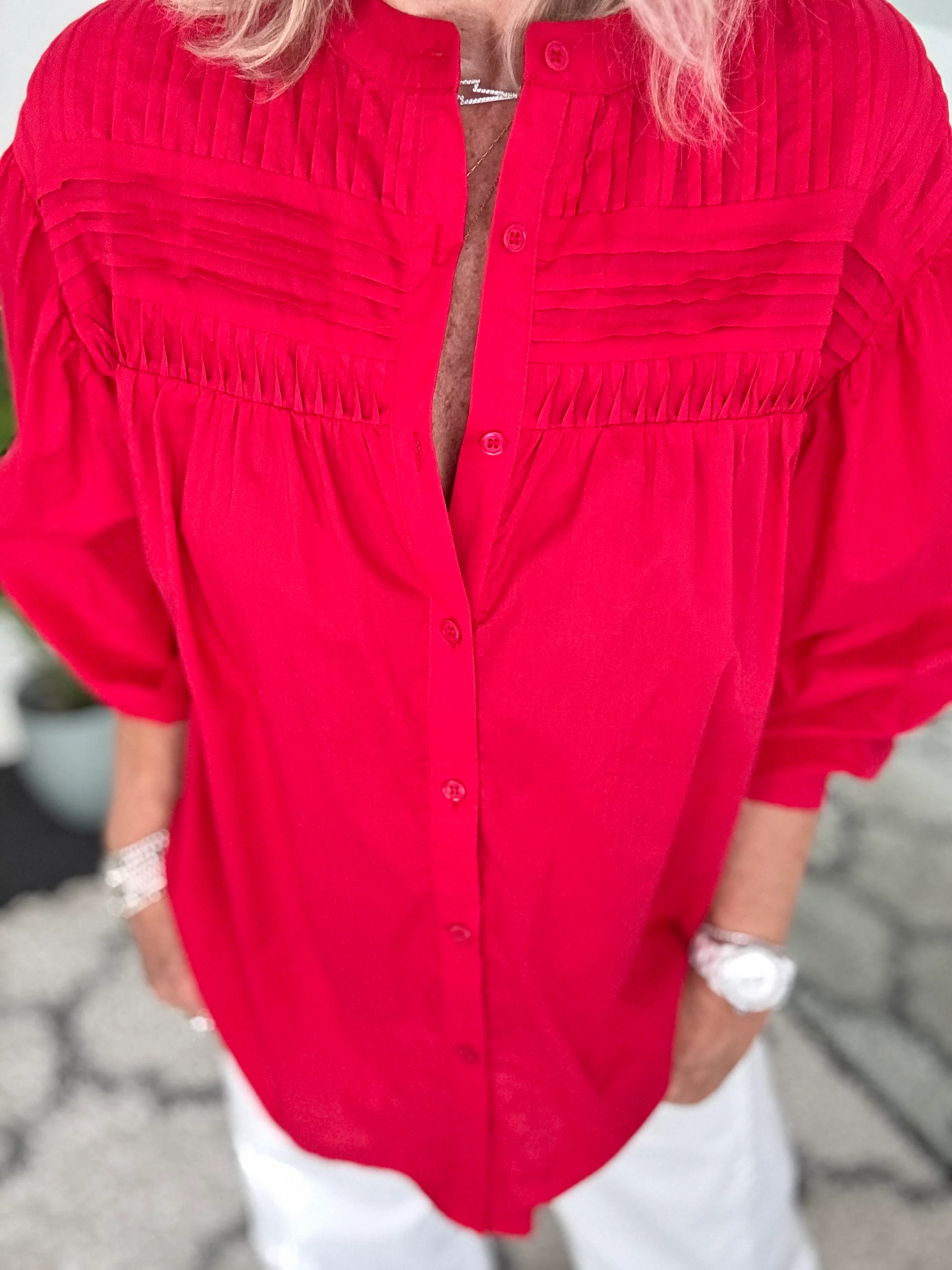 Pintucked Cotton Shirt in Red - Image 2