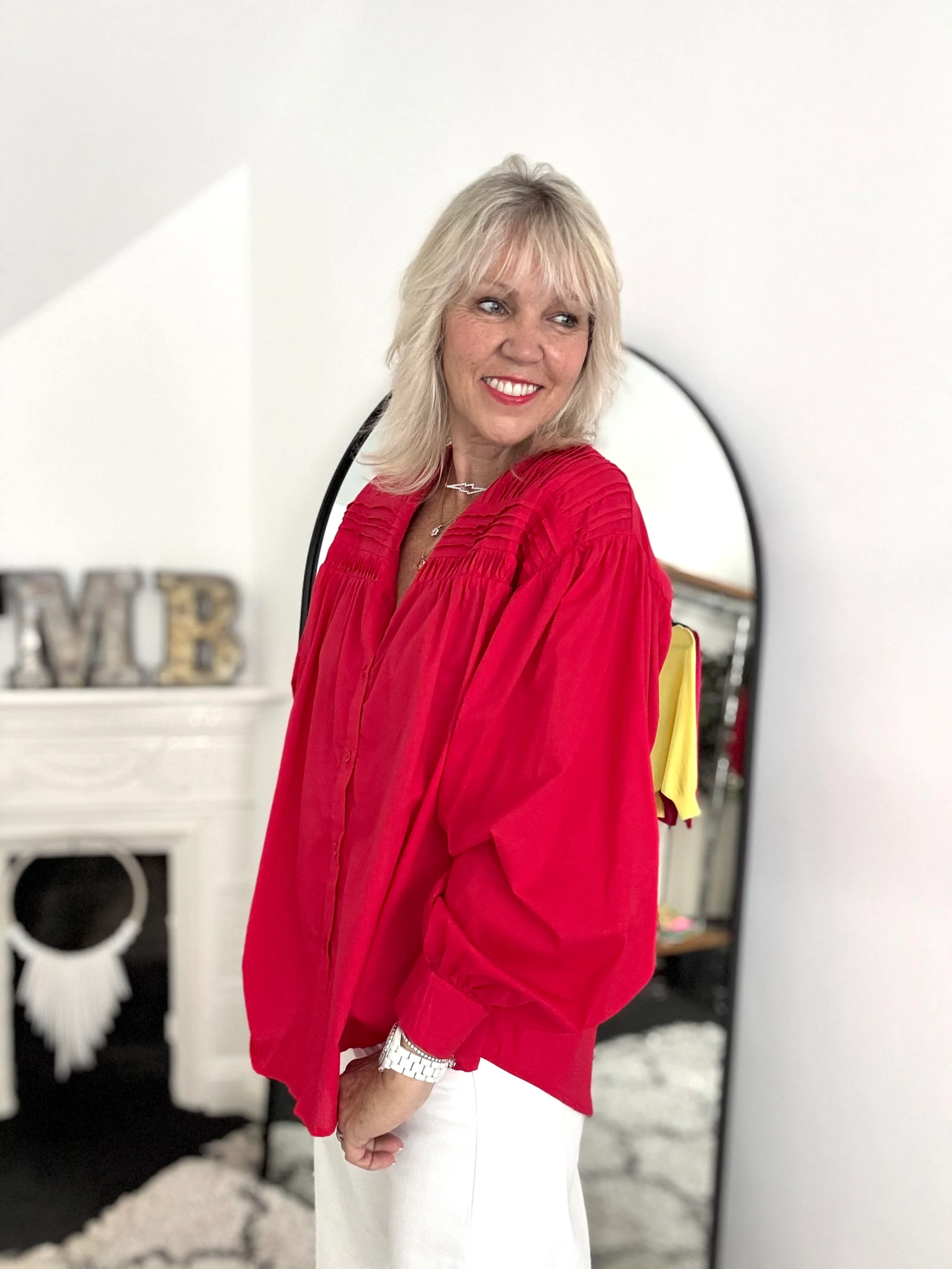Pintucked Cotton Shirt in Red - Image 3