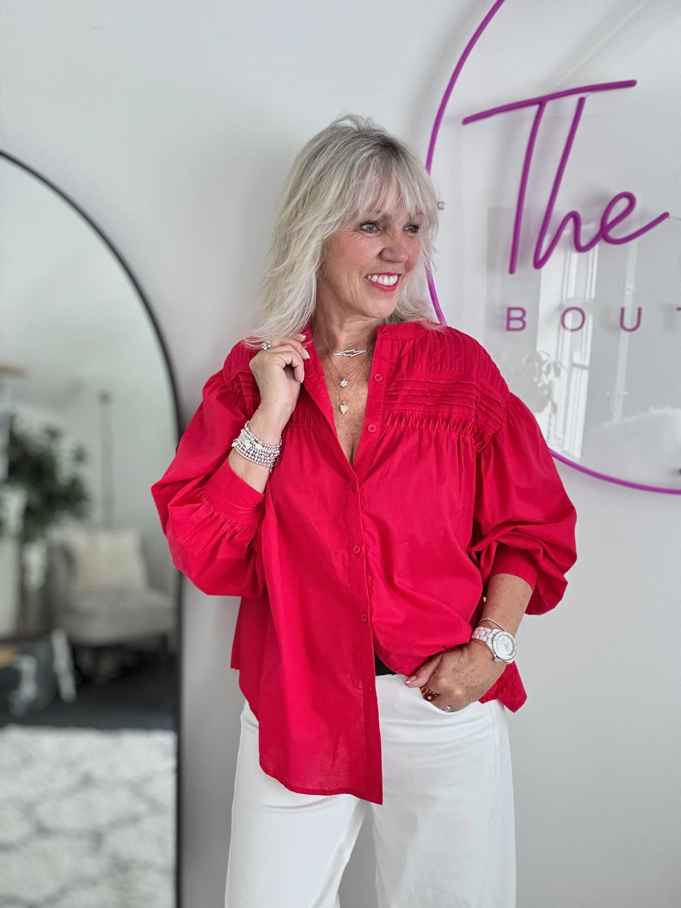 Pintucked Cotton Shirt in Red - Image 4