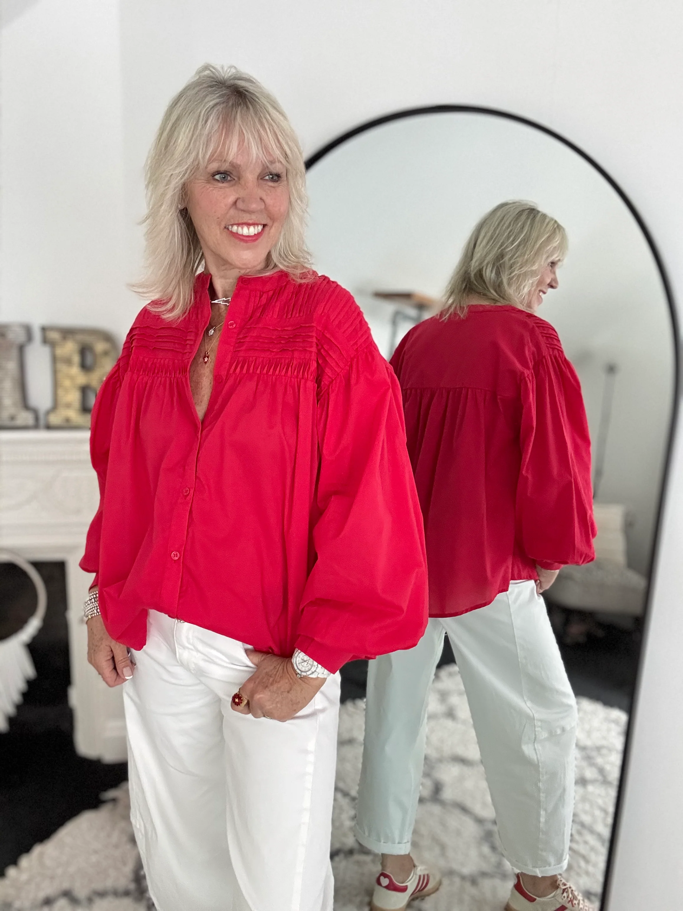 Pintucked Cotton Shirt in Red - Image 5