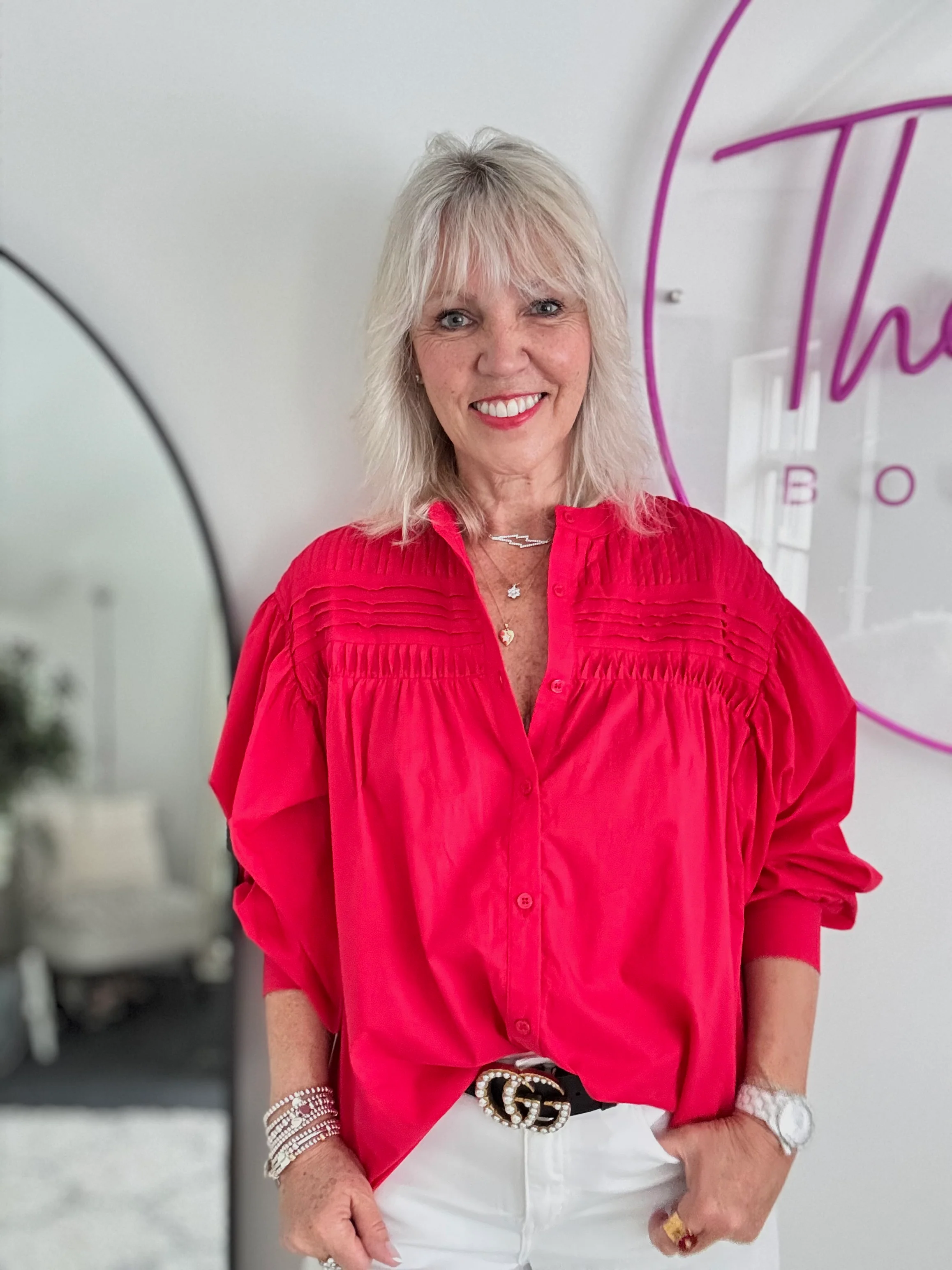 Pintucked Cotton Shirt in Red - Image 7