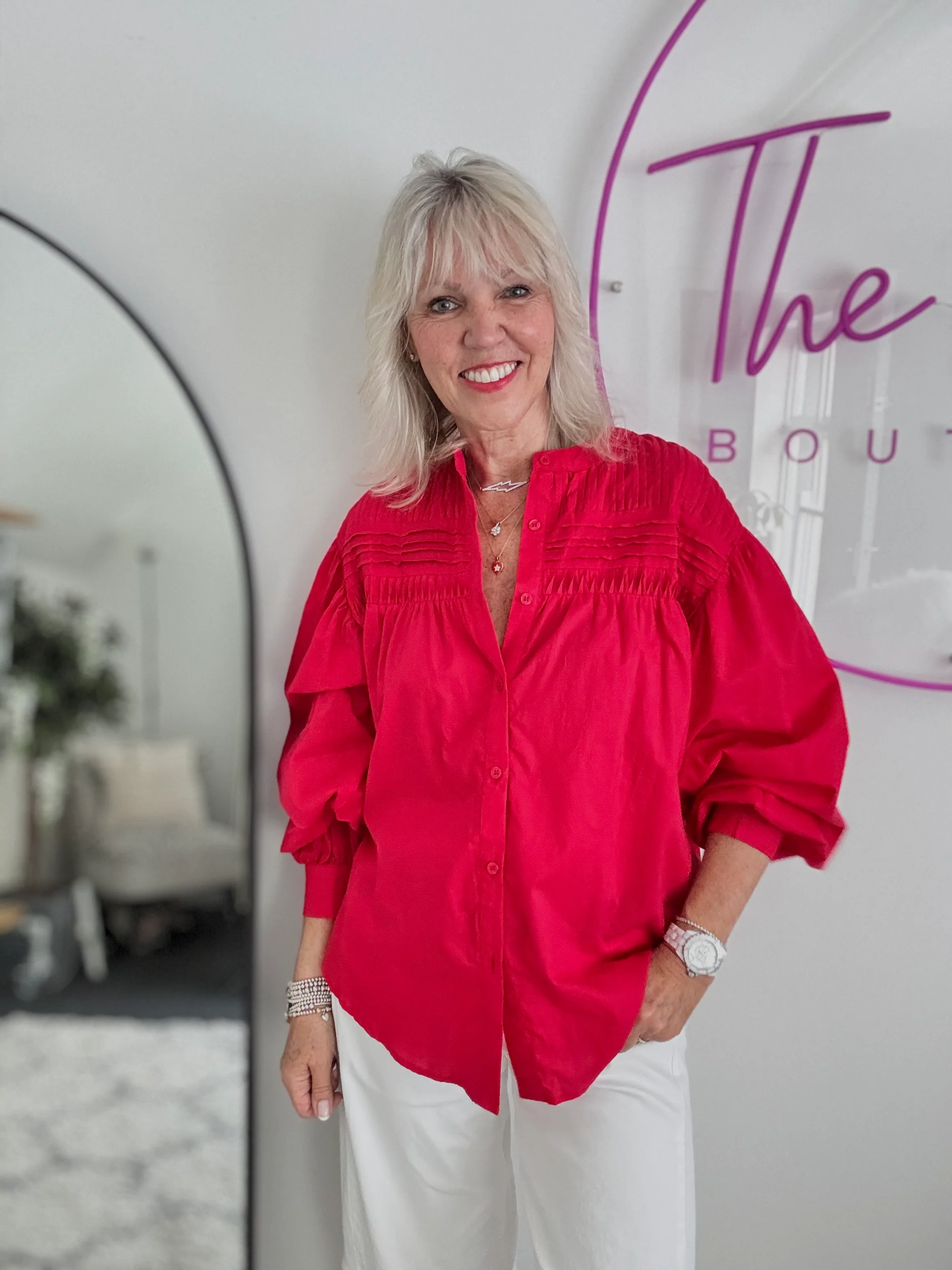 Pintucked Cotton Shirt in Red - Image 8
