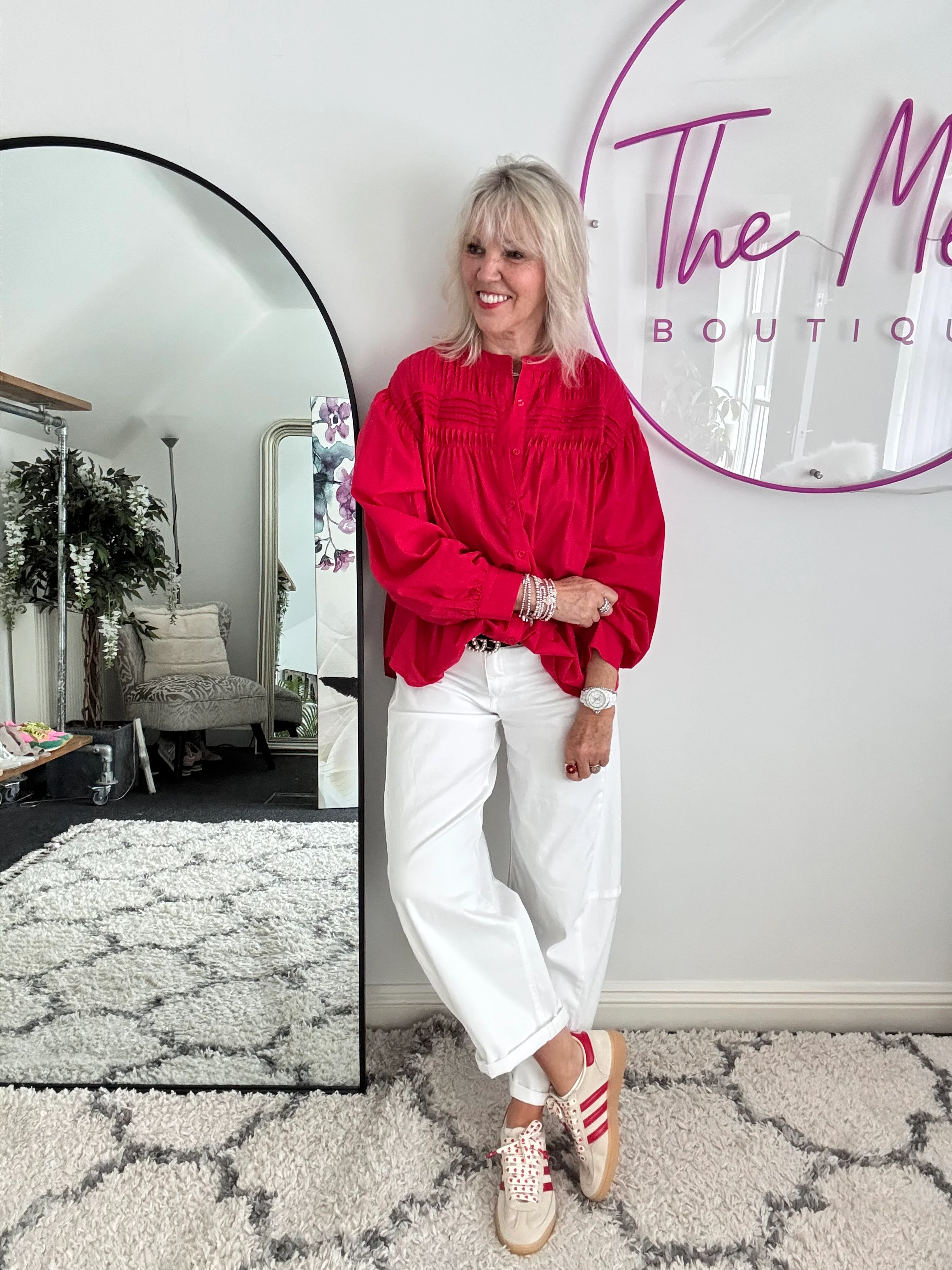 Pintucked Cotton Shirt in Red - Image 9