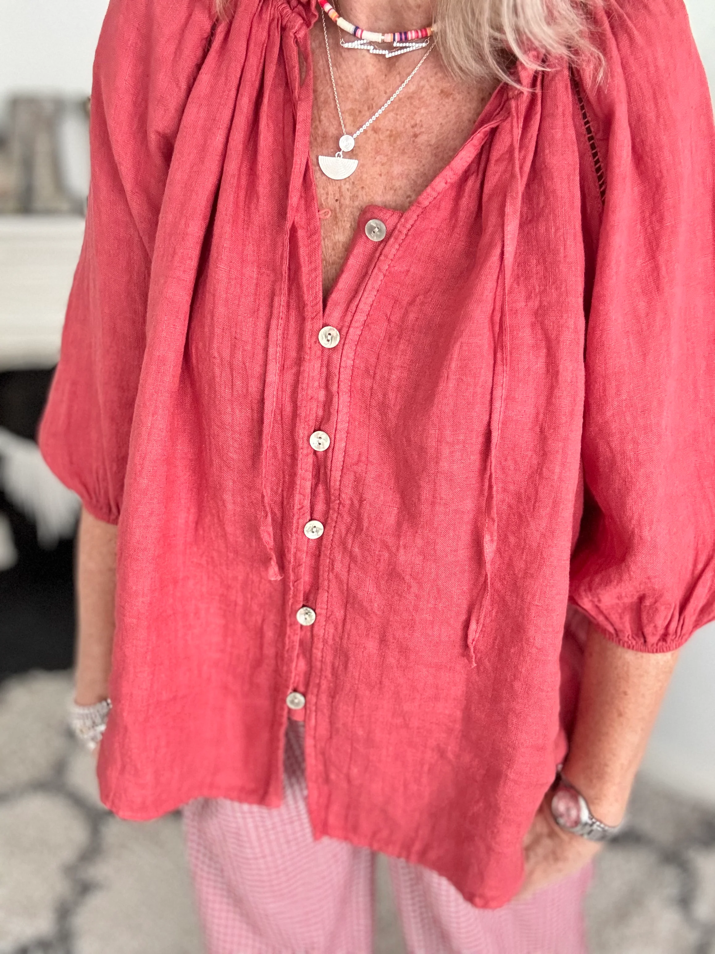 Linen Designer Blouse in Pomegranate - Image 2