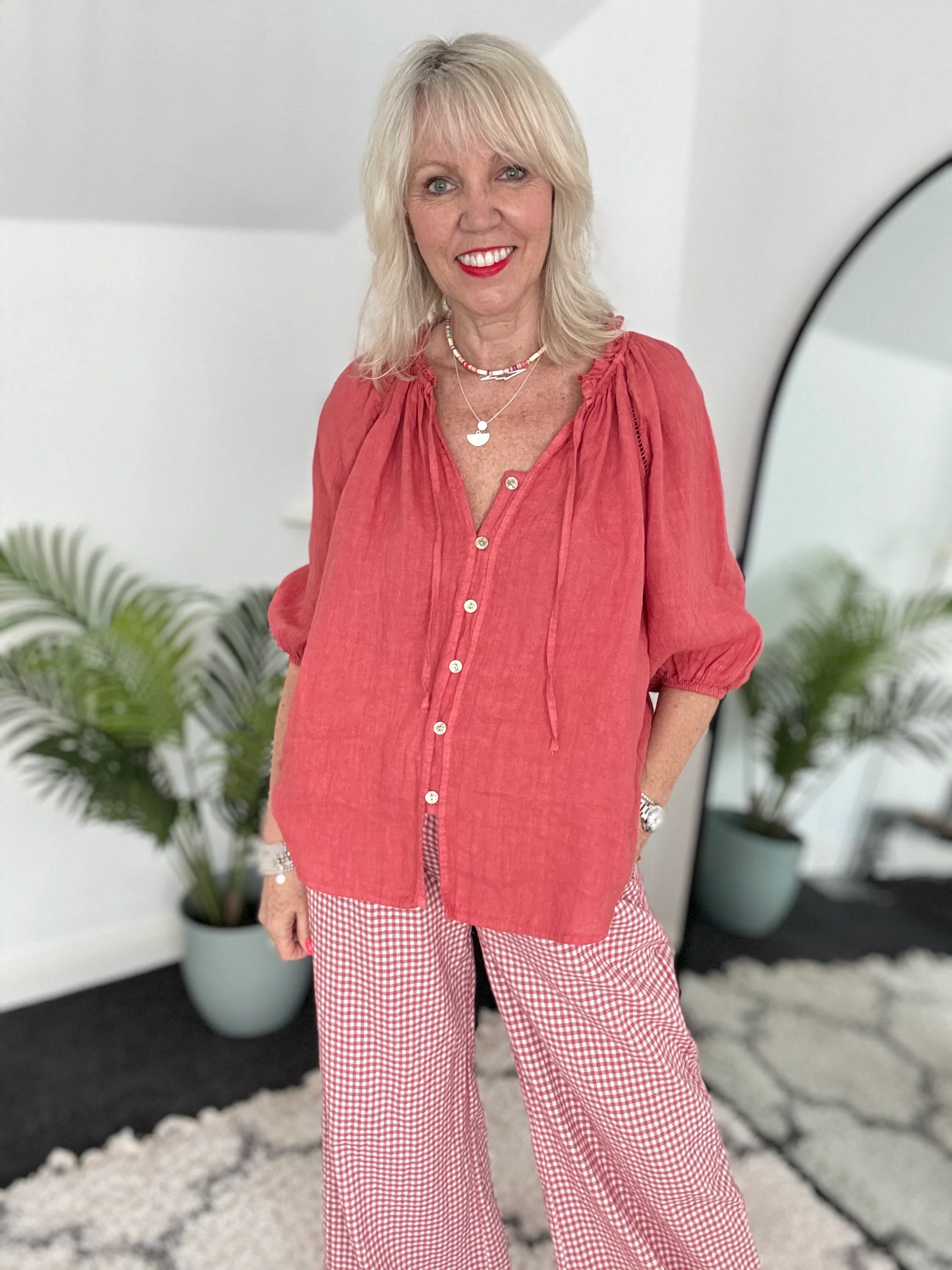Linen Designer Blouse in Pomegranate - Image 3