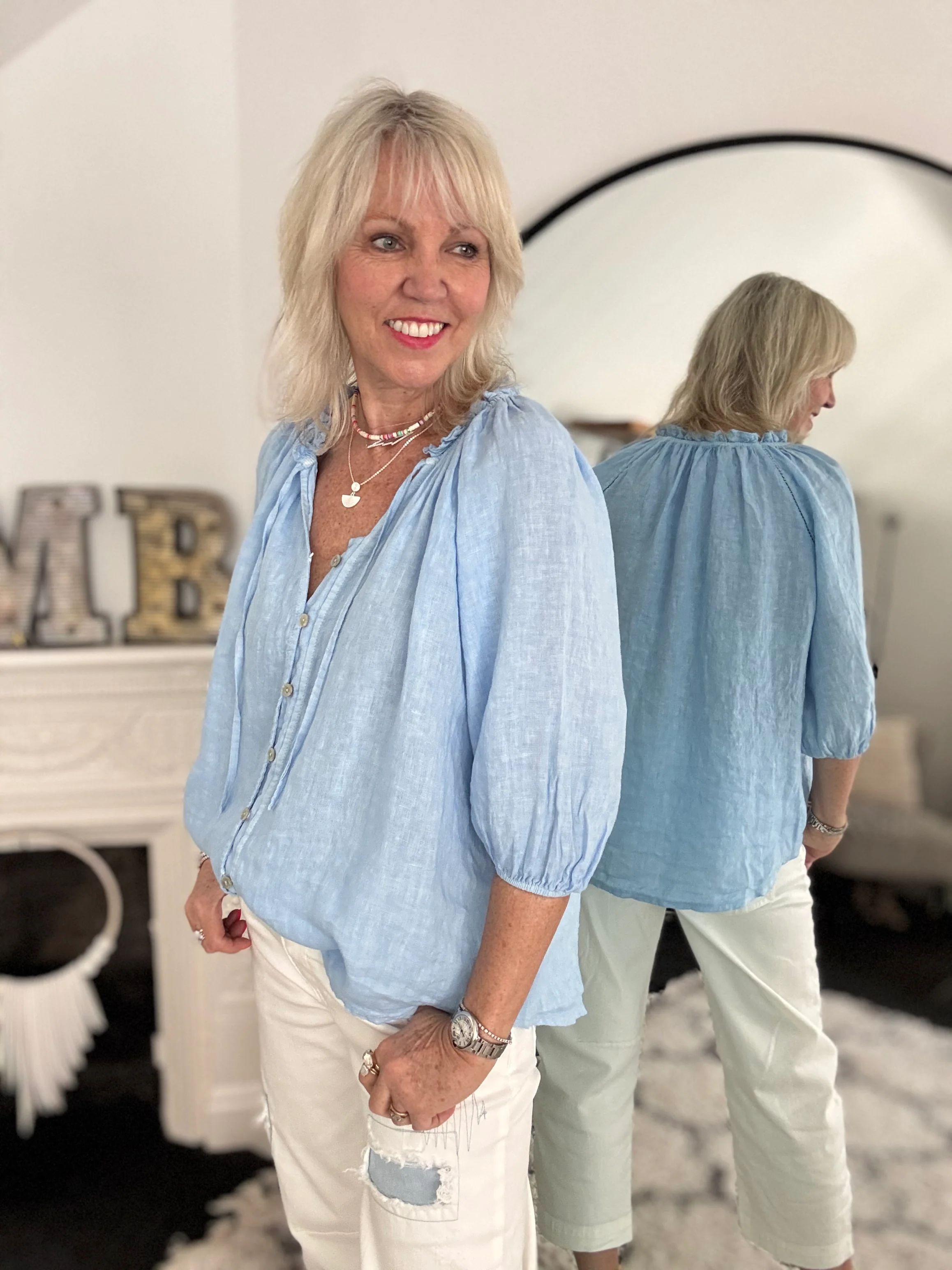 Linen Designer Blouse in Sky Blue