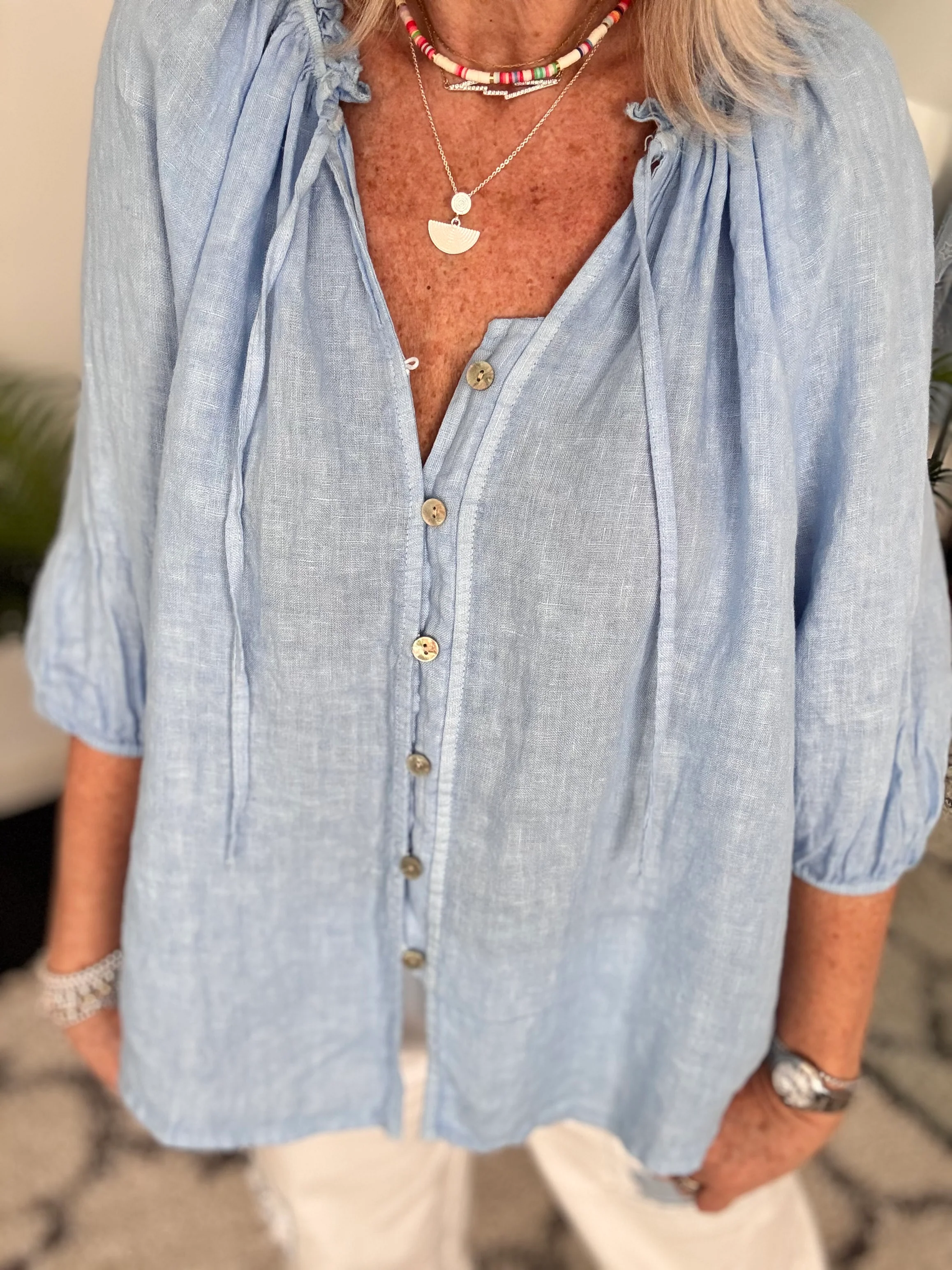 Linen Designer Blouse in Sky Blue - Image 2