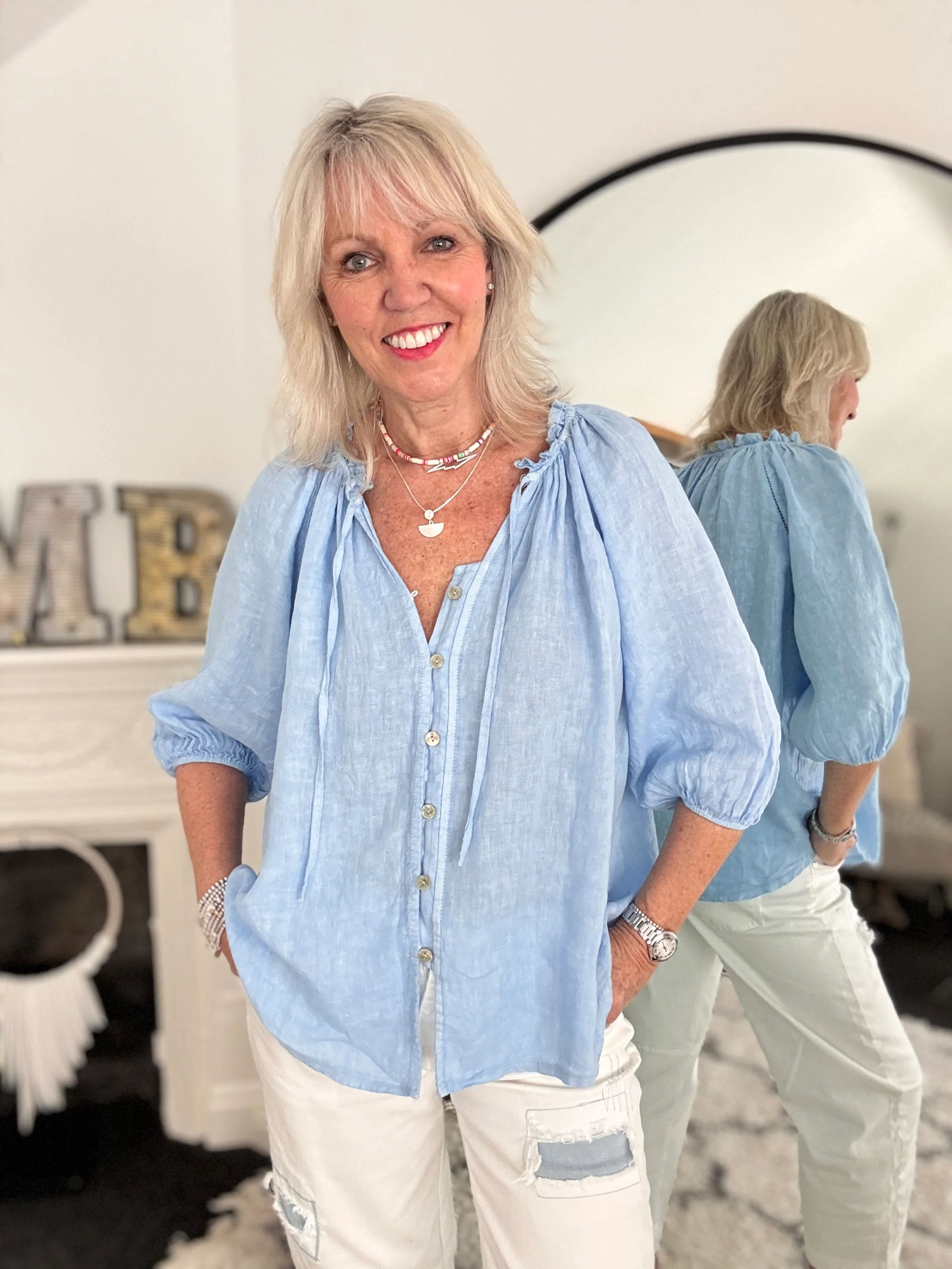 Linen Designer Blouse in Sky Blue - Image 3
