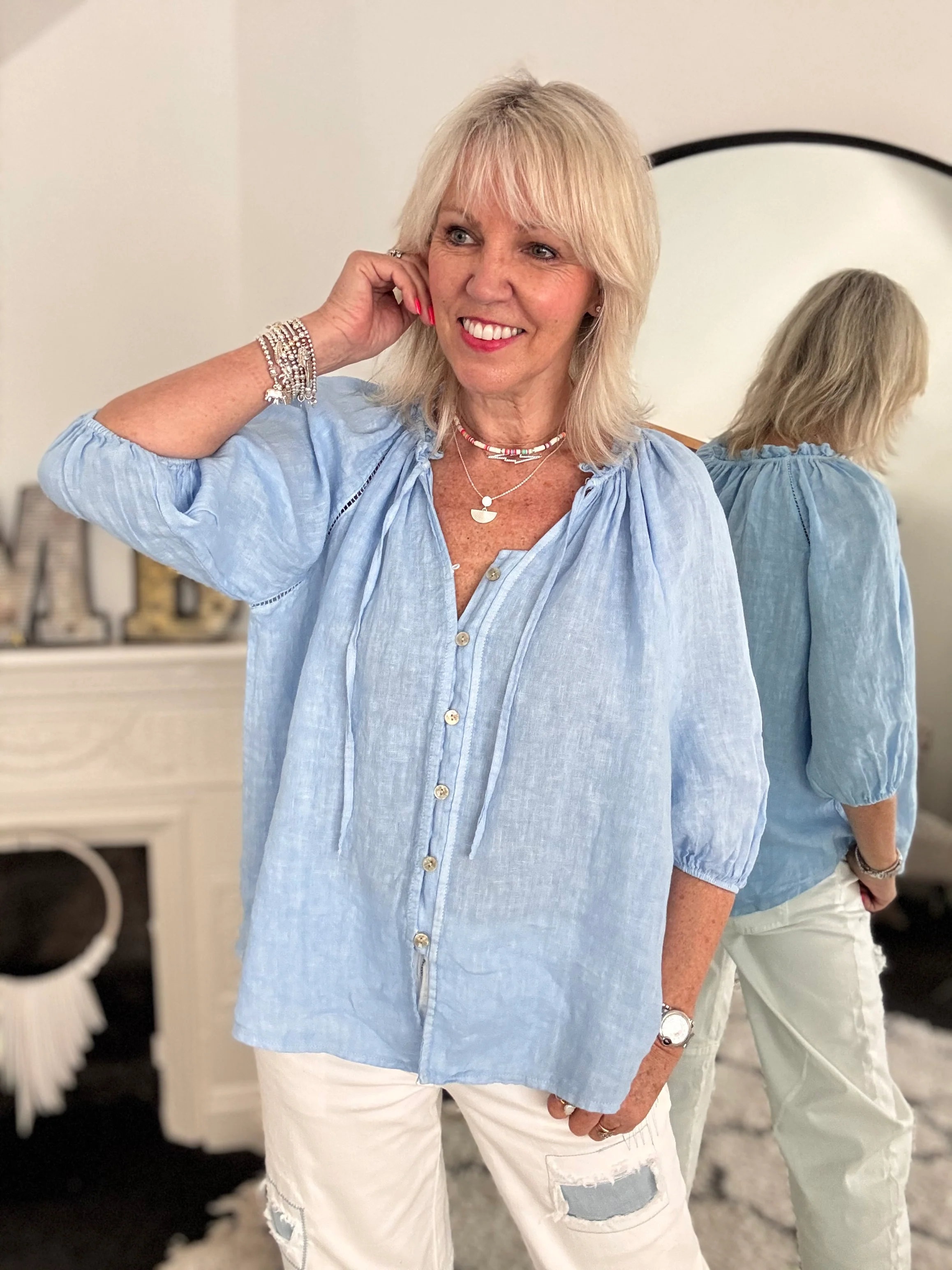 Linen Designer Blouse in Sky Blue - Image 4