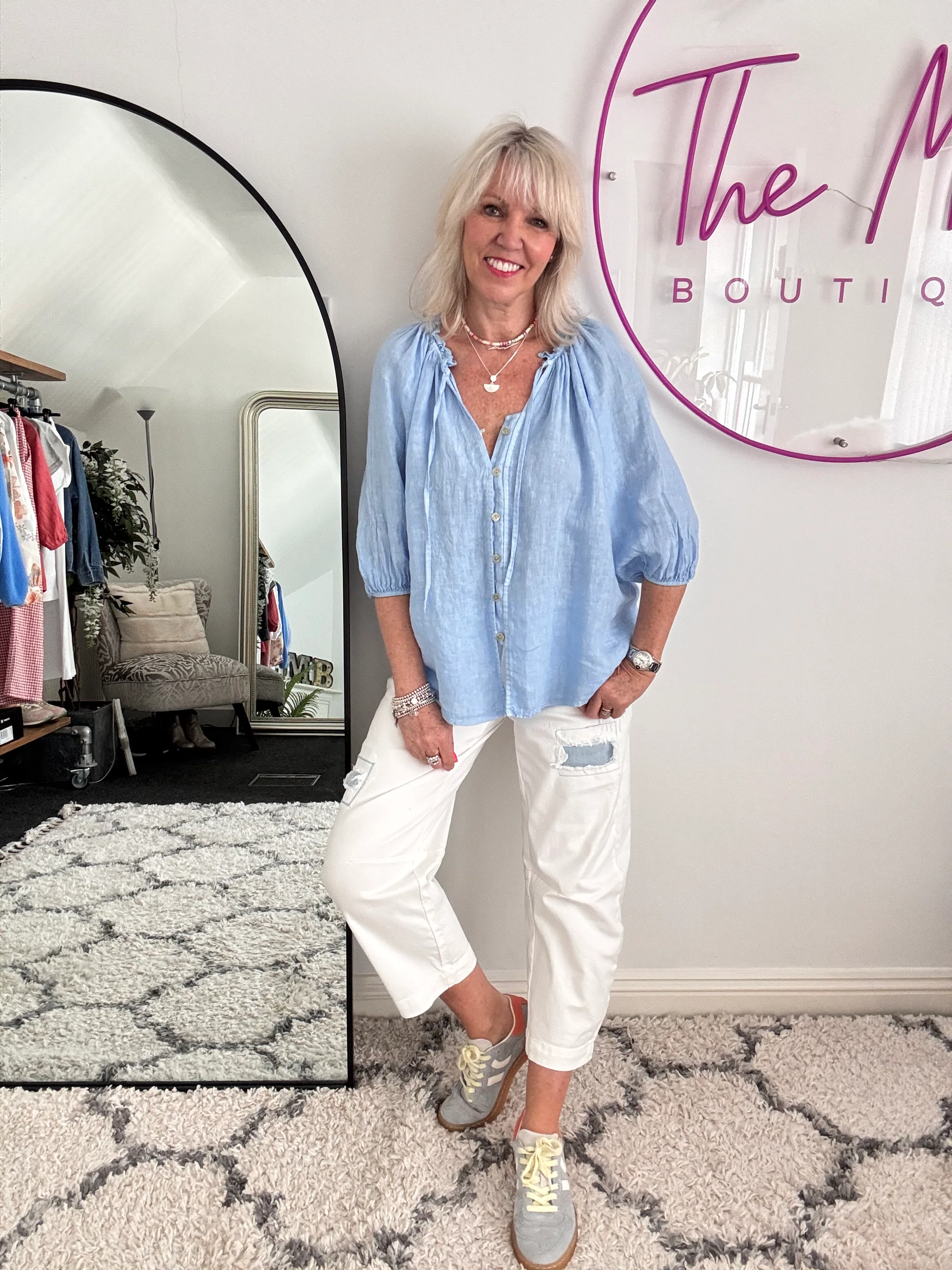 Linen Designer Blouse in Sky Blue - Image 5