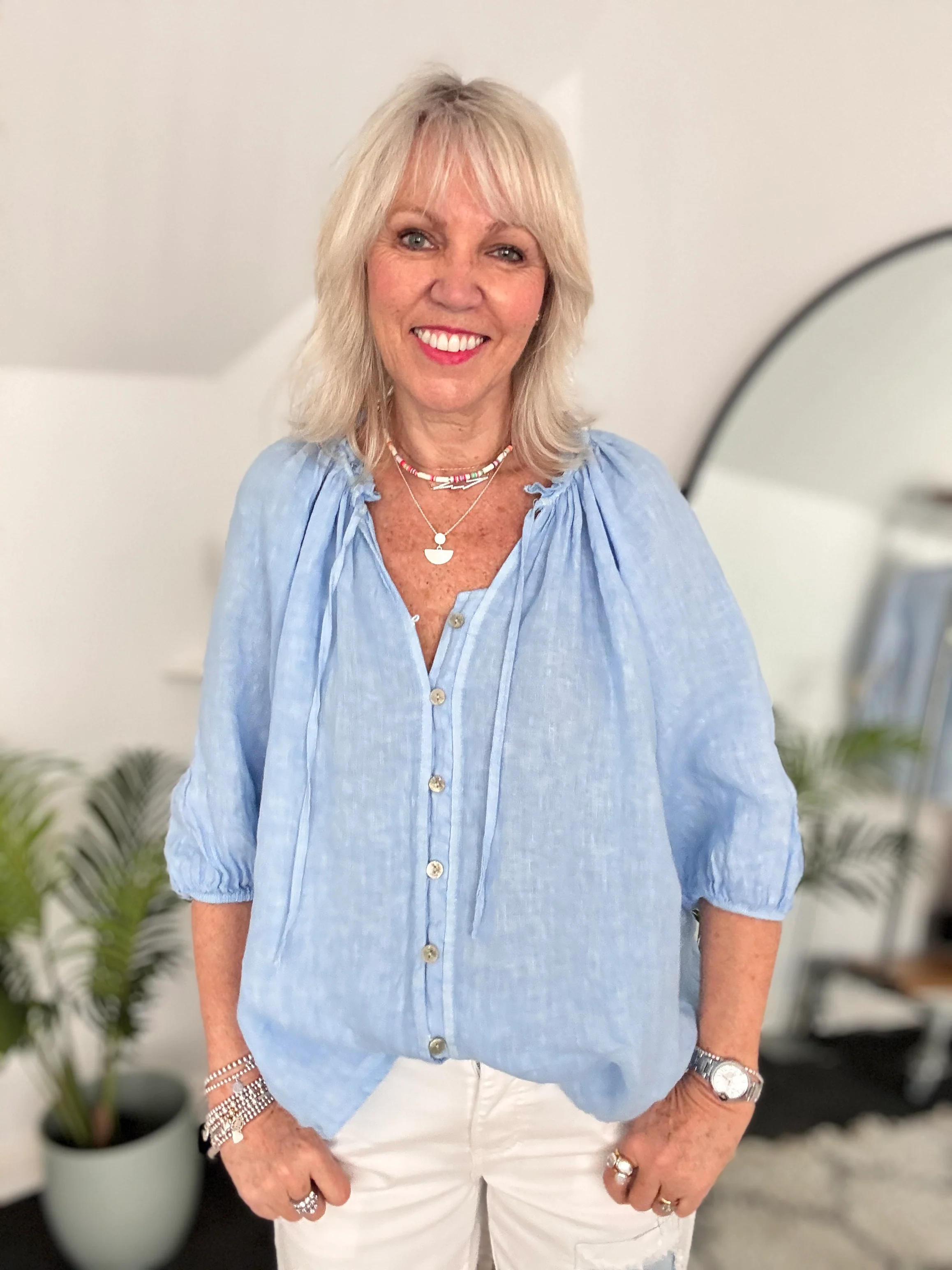 Linen Designer Blouse in Sky Blue - Image 6