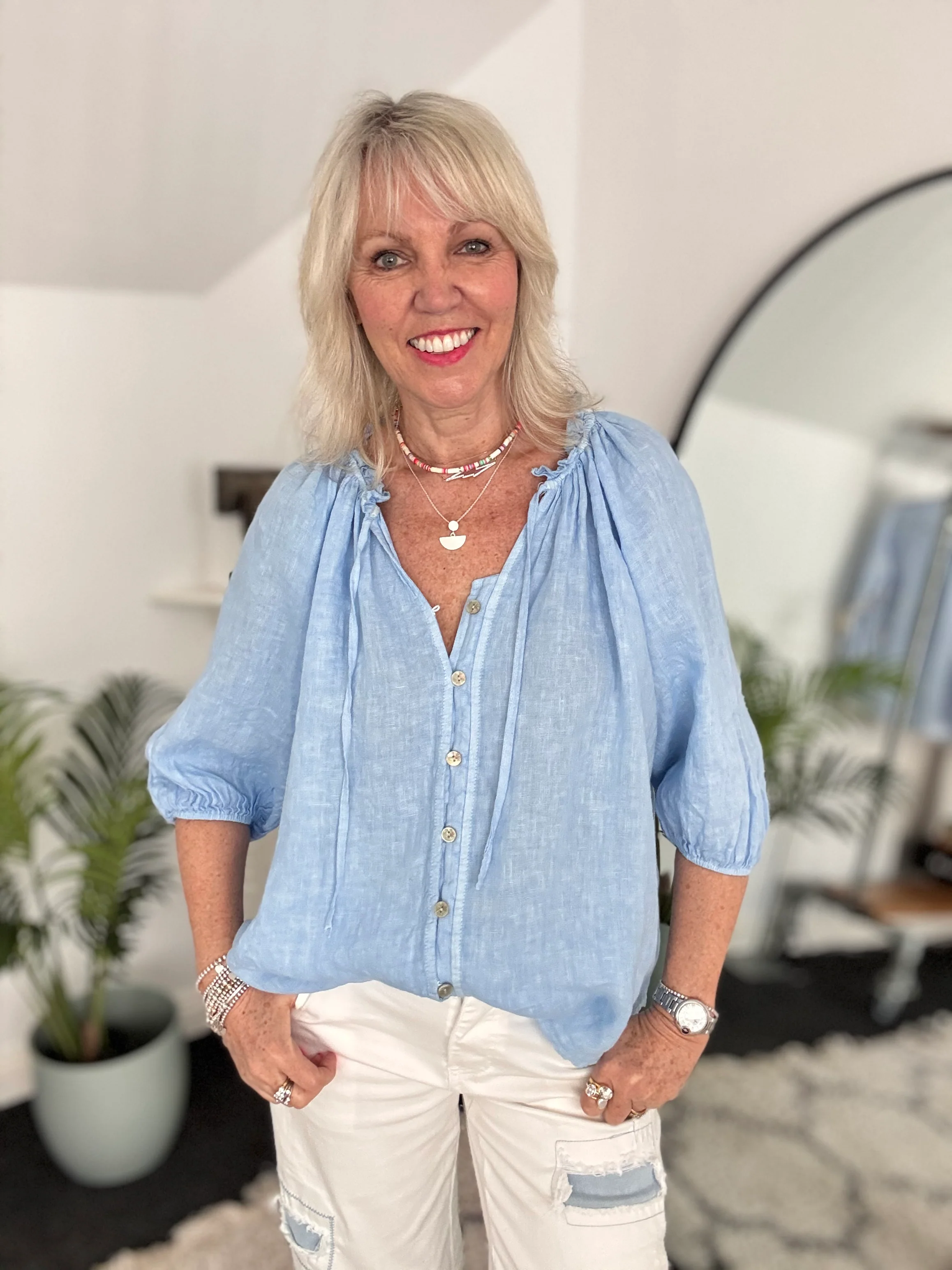 Linen Designer Blouse in Sky Blue - Image 7