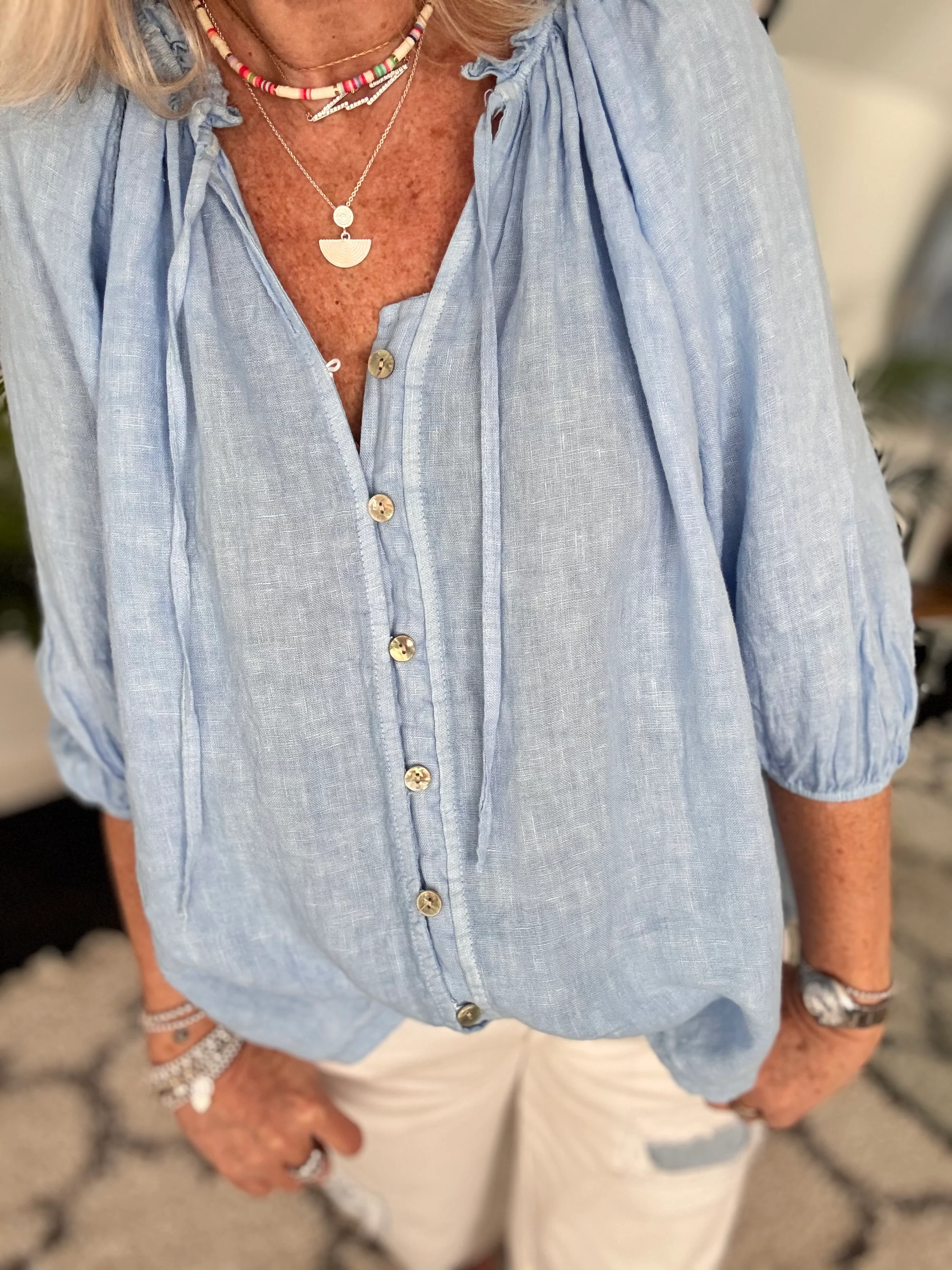 Linen Designer Blouse in Sky Blue - Image 8