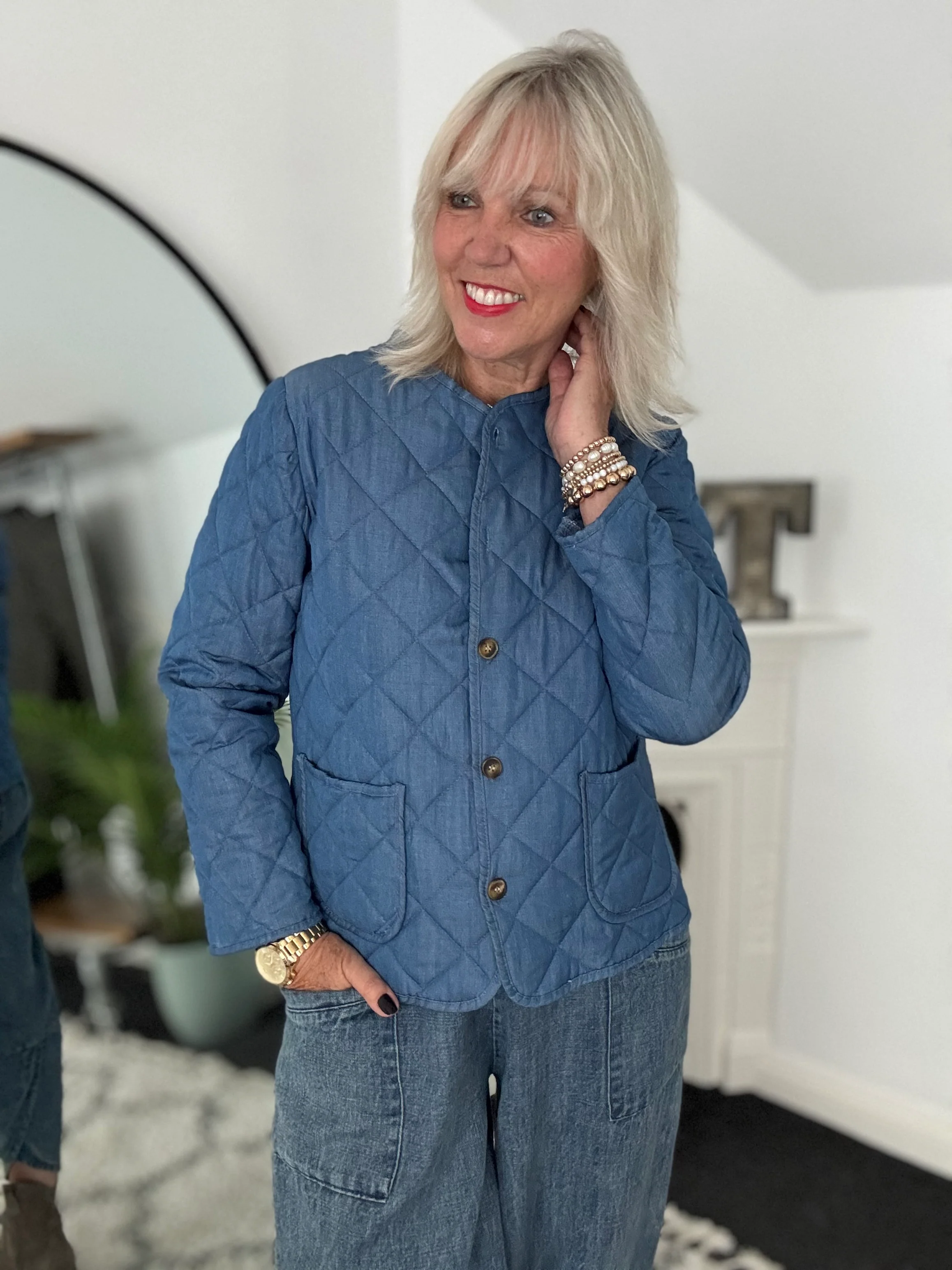 Quilted Jacket in Mid Denim - Image 4