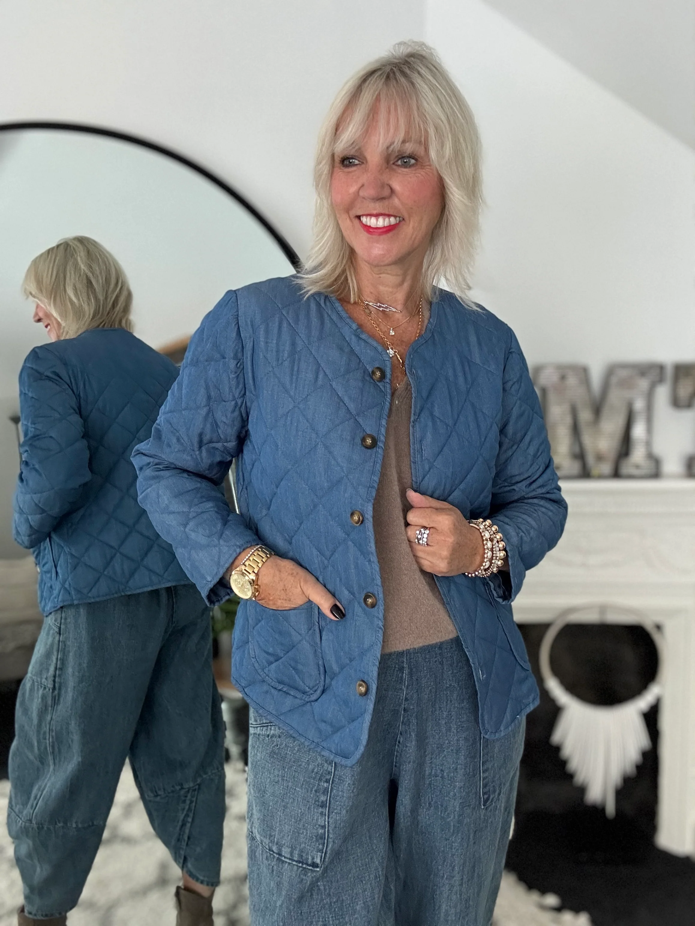 Quilted Jacket in Mid Denim - Image 7