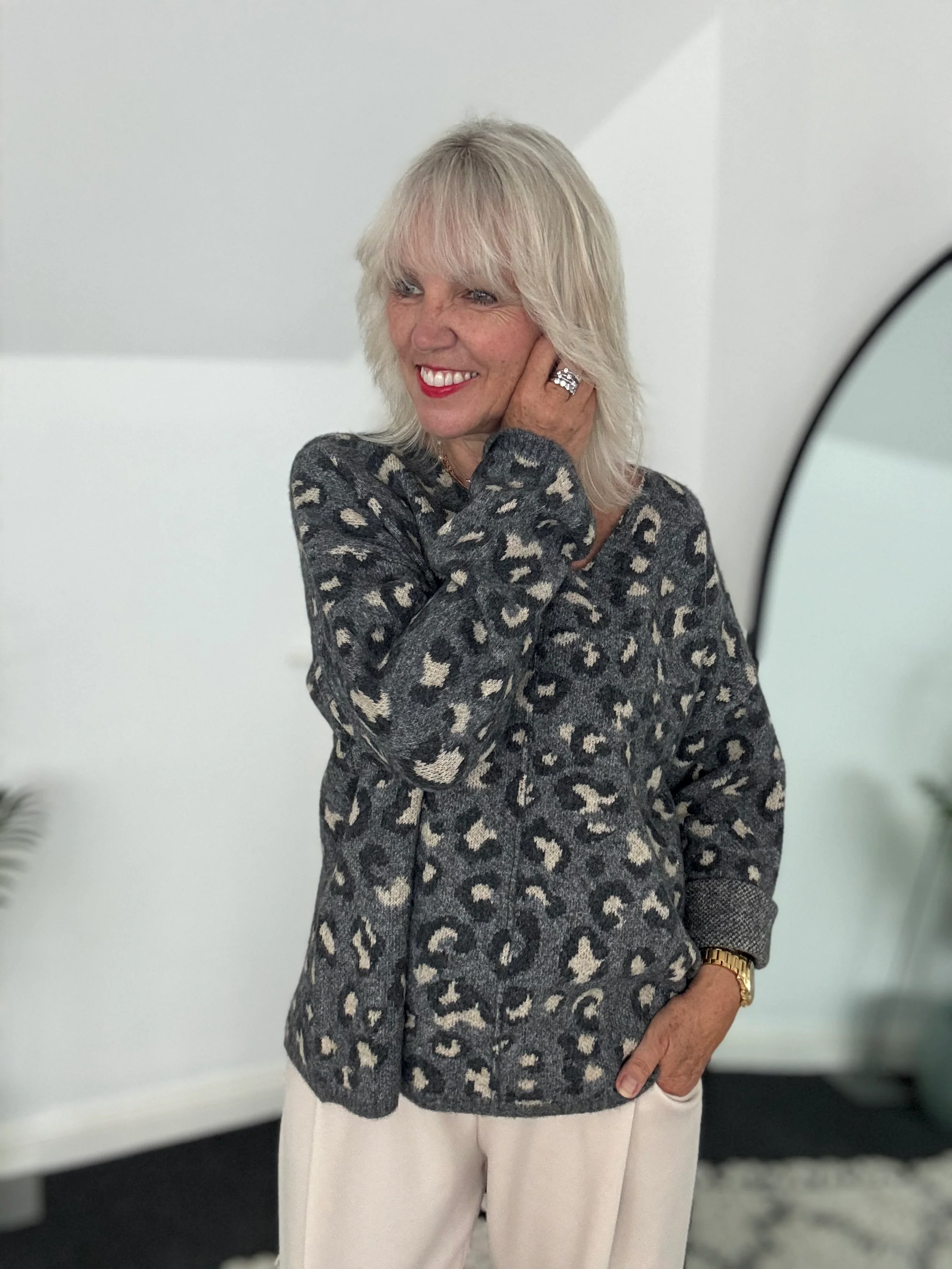 Seam Front V Neck Jumper in Grey Leopard - Image 3