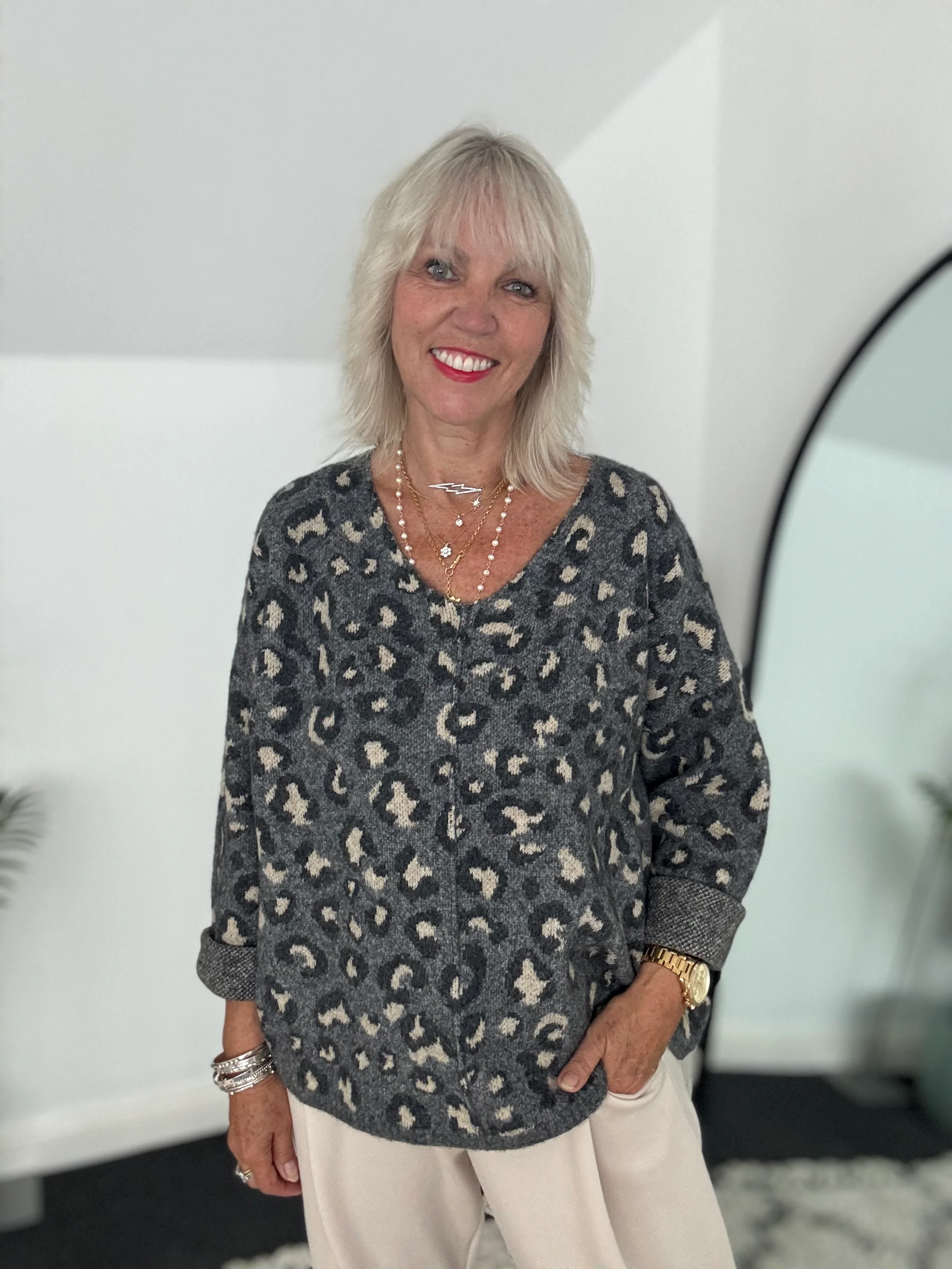 Seam Front V Neck Jumper in Grey Leopard - Image 4