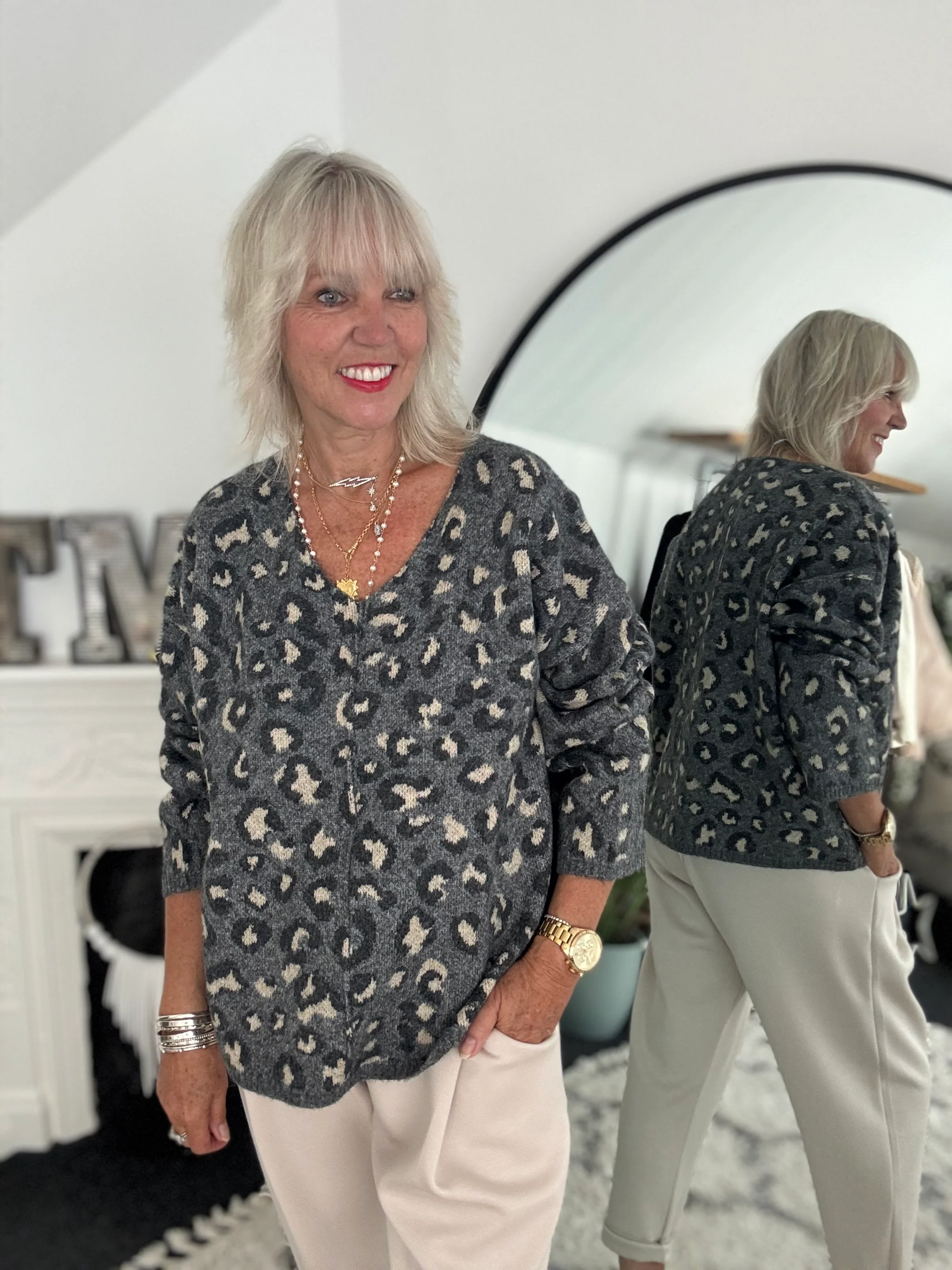 Seam Front V Neck Jumper in Grey Leopard - Image 5