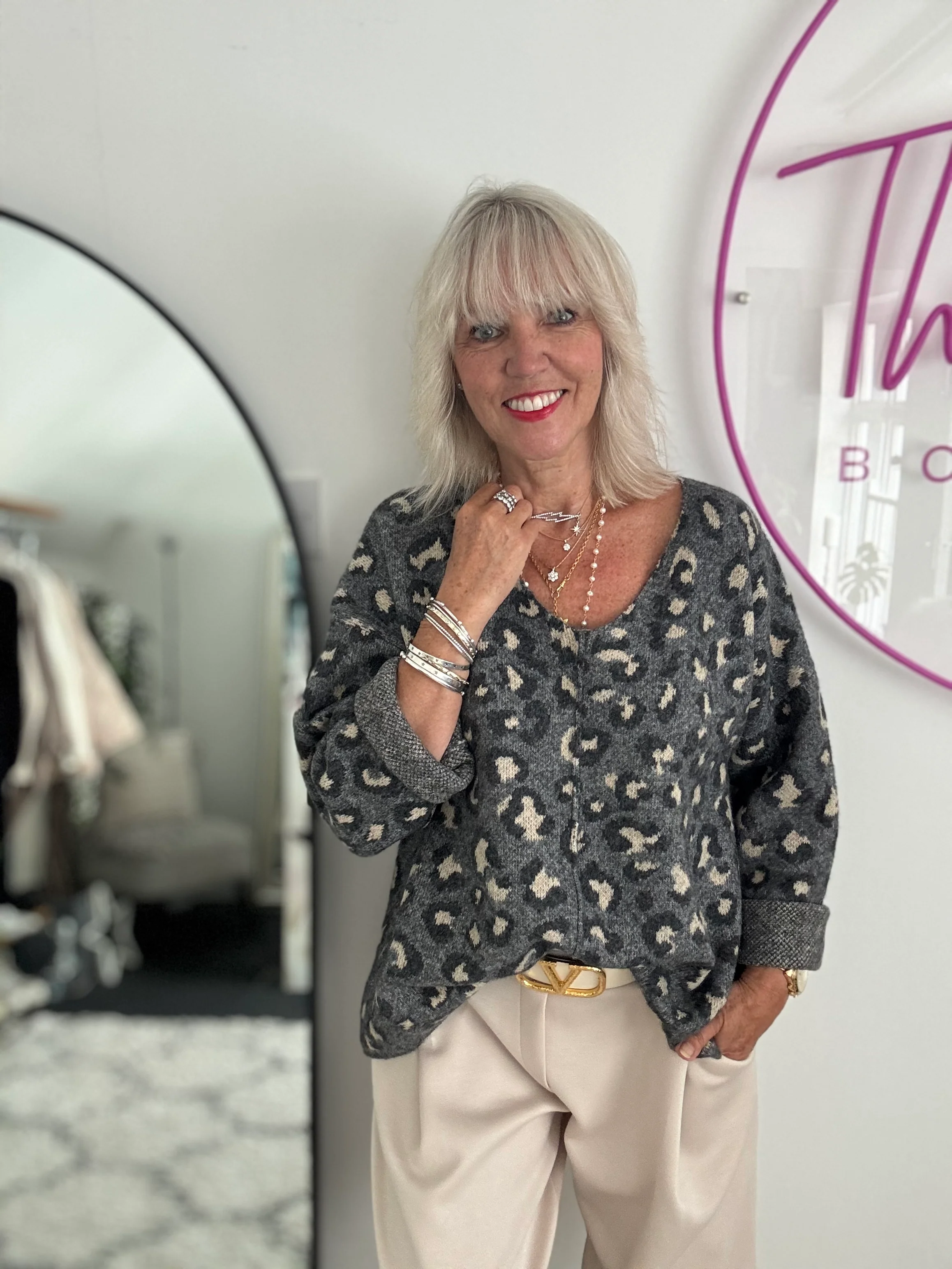 Seam Front V Neck Jumper in Grey Leopard - Image 7