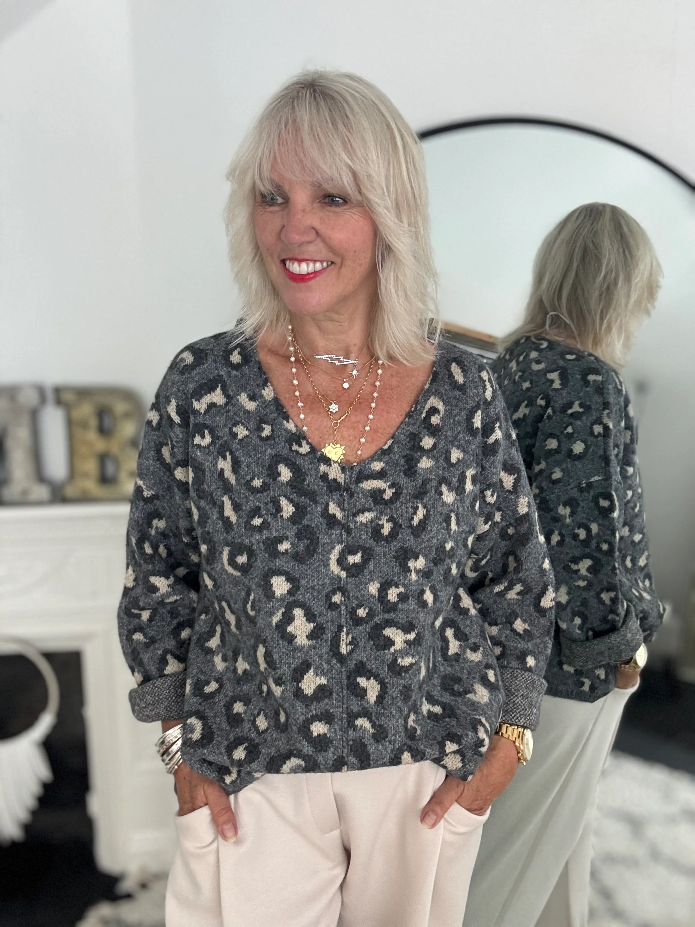 Seam Front V Neck Jumper in Grey Leopard - Image 8